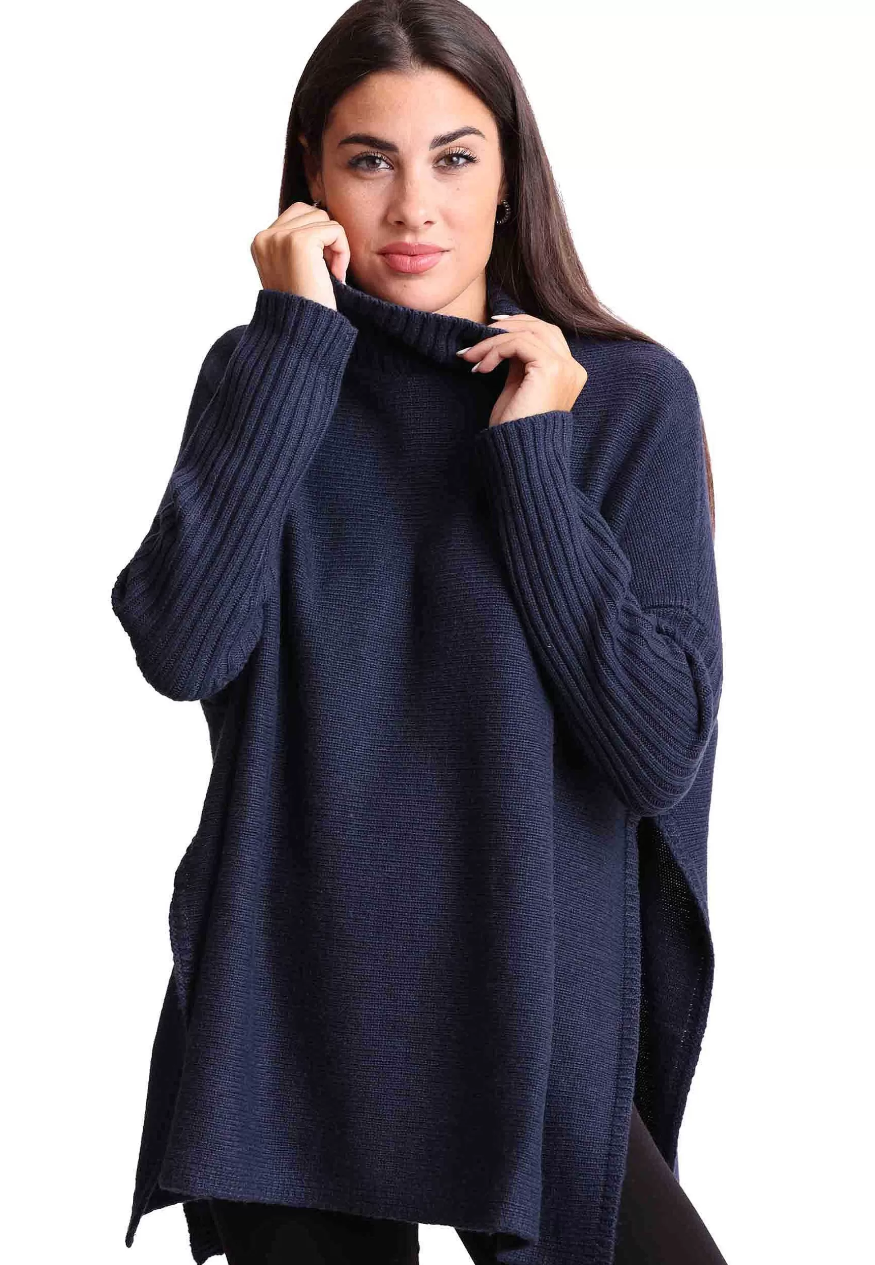 Cappa Donna New Soft Wool In Misto Cachemire Blu Con Collo Alto*Maliparmi Cheap
