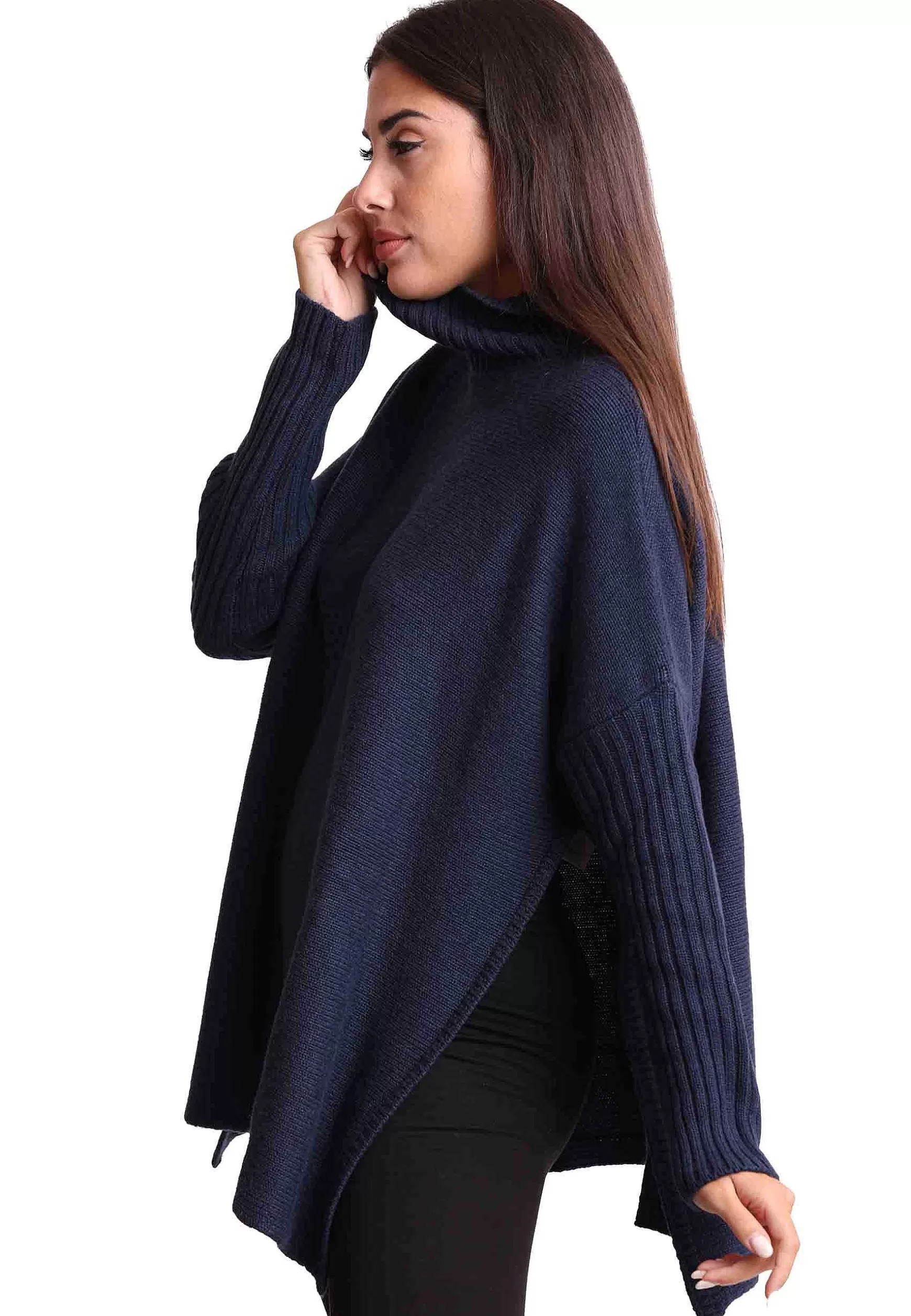 Cappa Donna New Soft Wool In Misto Cachemire Blu Con Collo Alto*Maliparmi Cheap