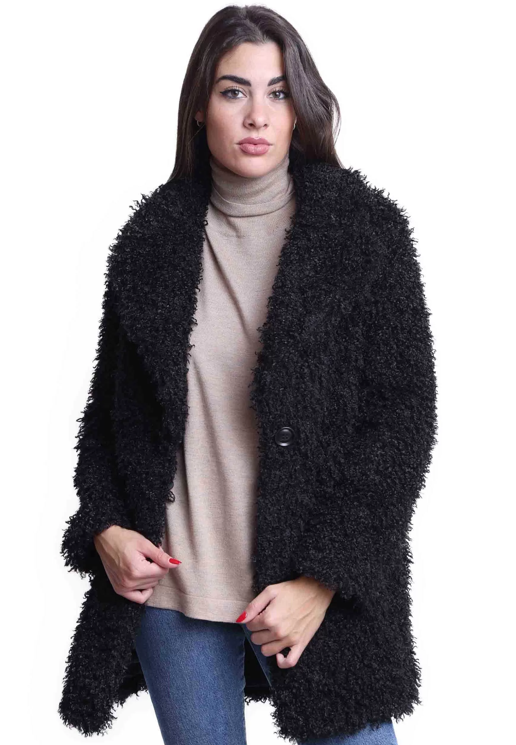 Cappotti Teddy Donna In Eco Fur Nero Con Ampio Monopetto Un Bottone** Online