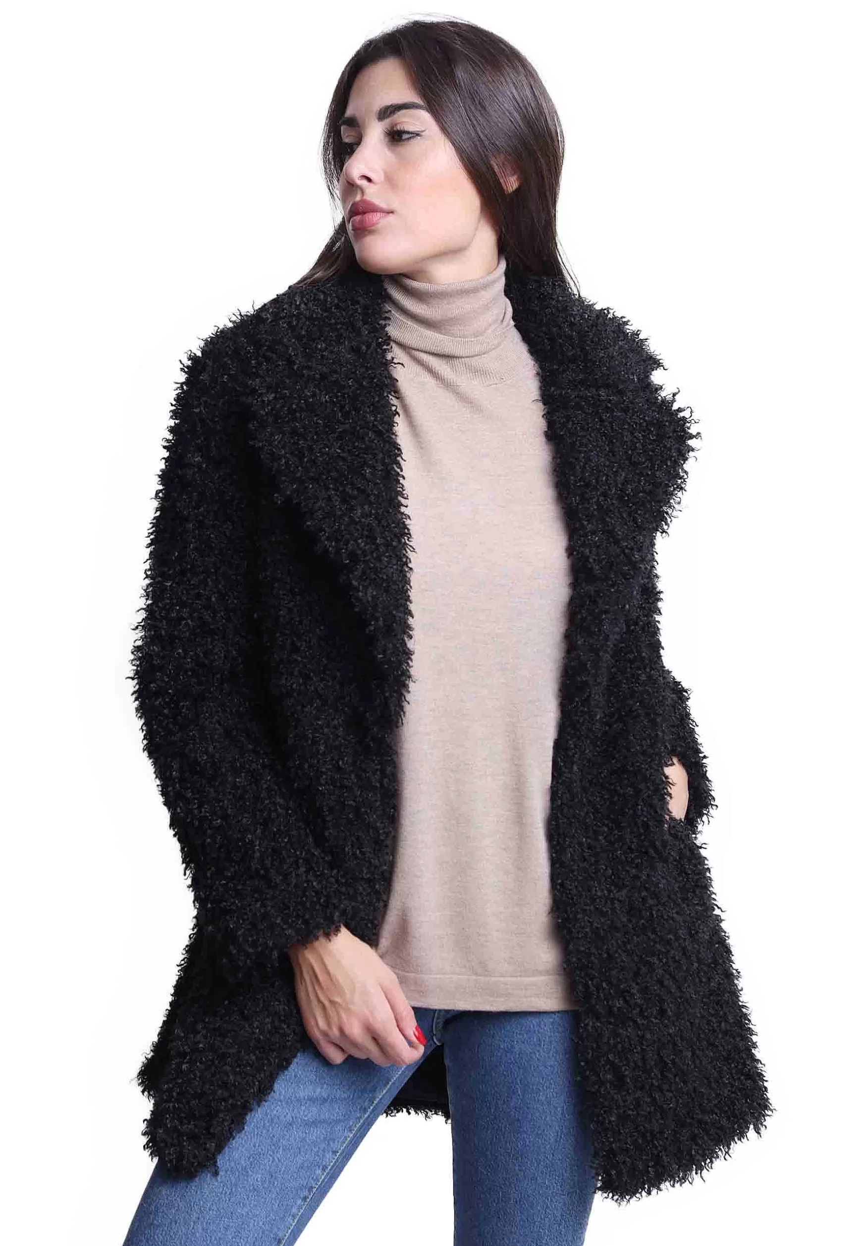 Cappotti Teddy Donna In Eco Fur Nero Con Ampio Monopetto Un Bottone** Online