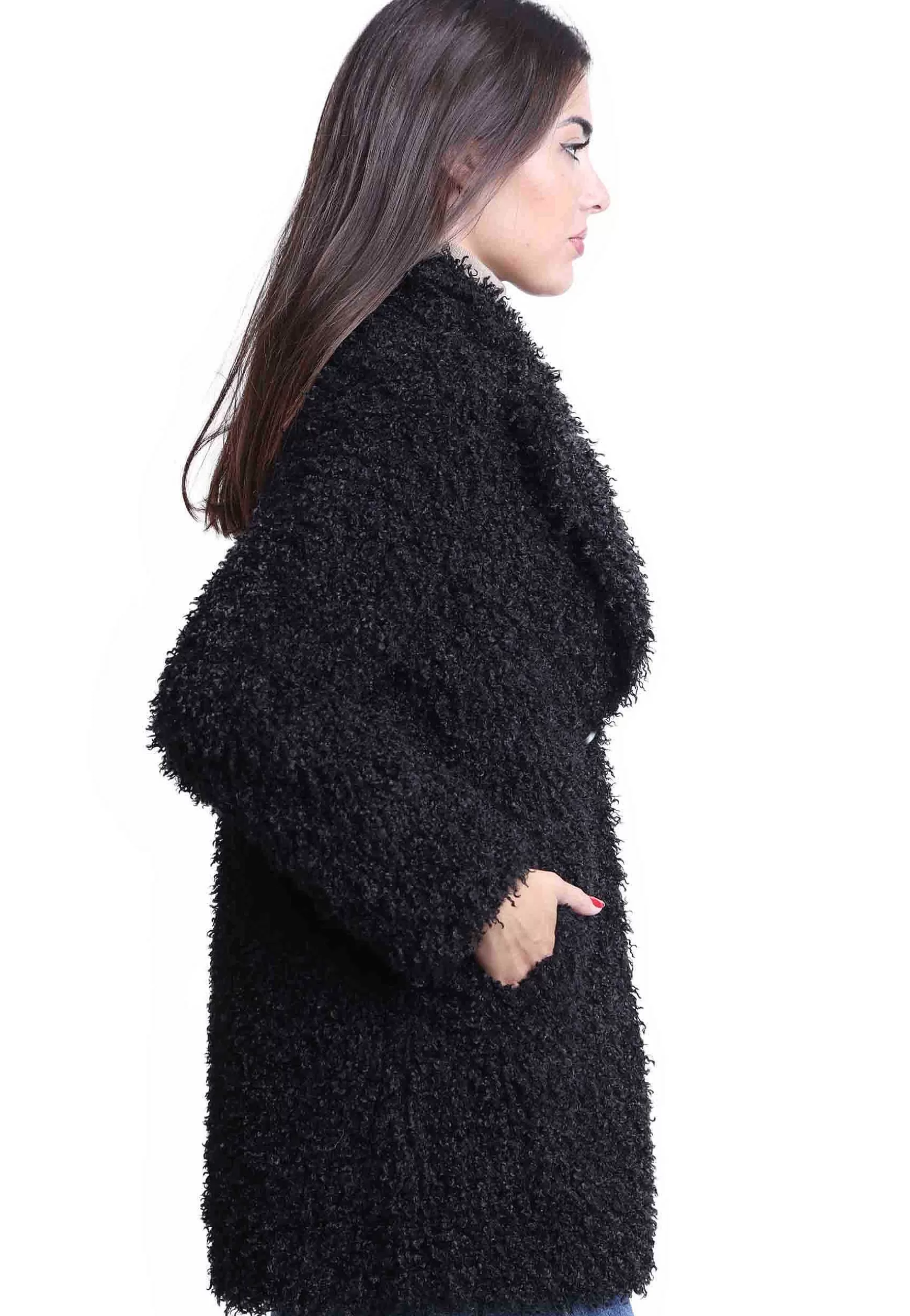 Cappotti Teddy Donna In Eco Fur Nero Con Ampio Monopetto Un Bottone** Online