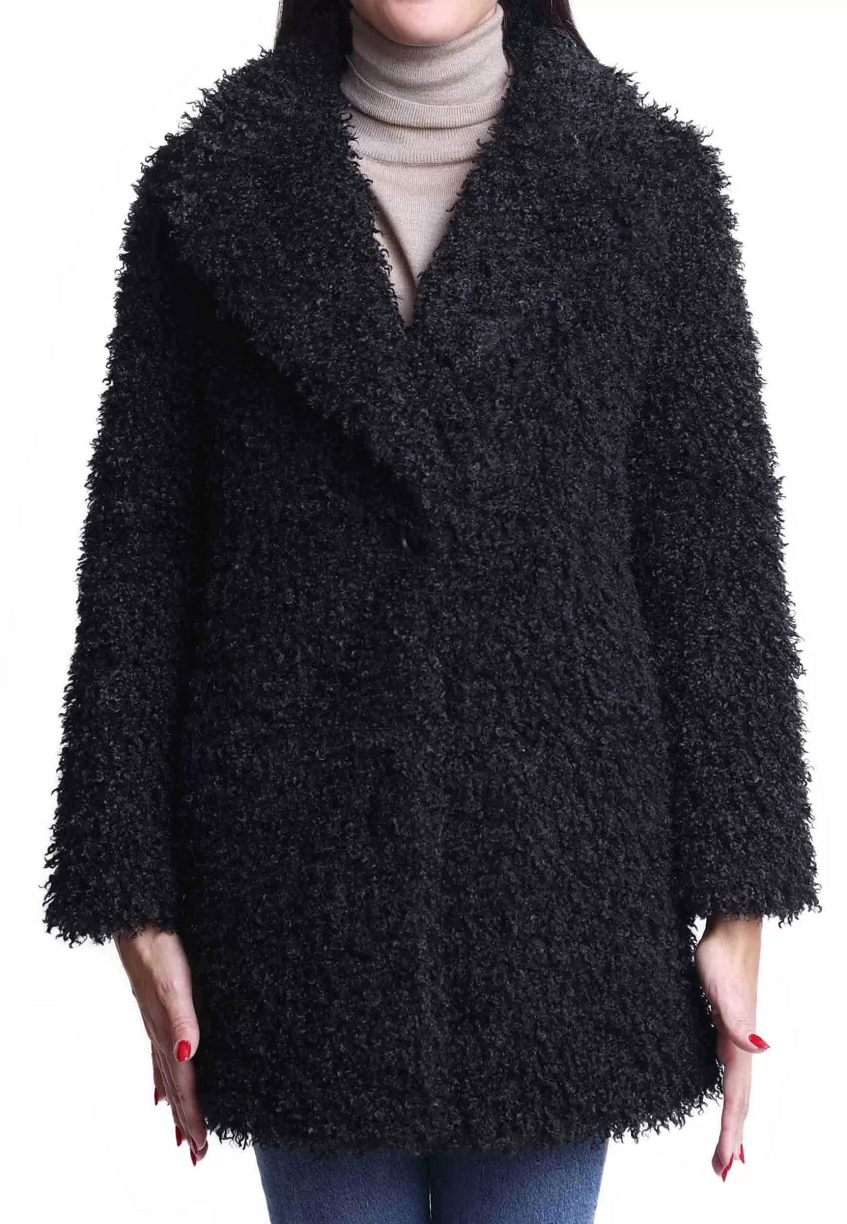 Cappotti Teddy Donna In Eco Fur Nero Con Ampio Monopetto Un Bottone** Online