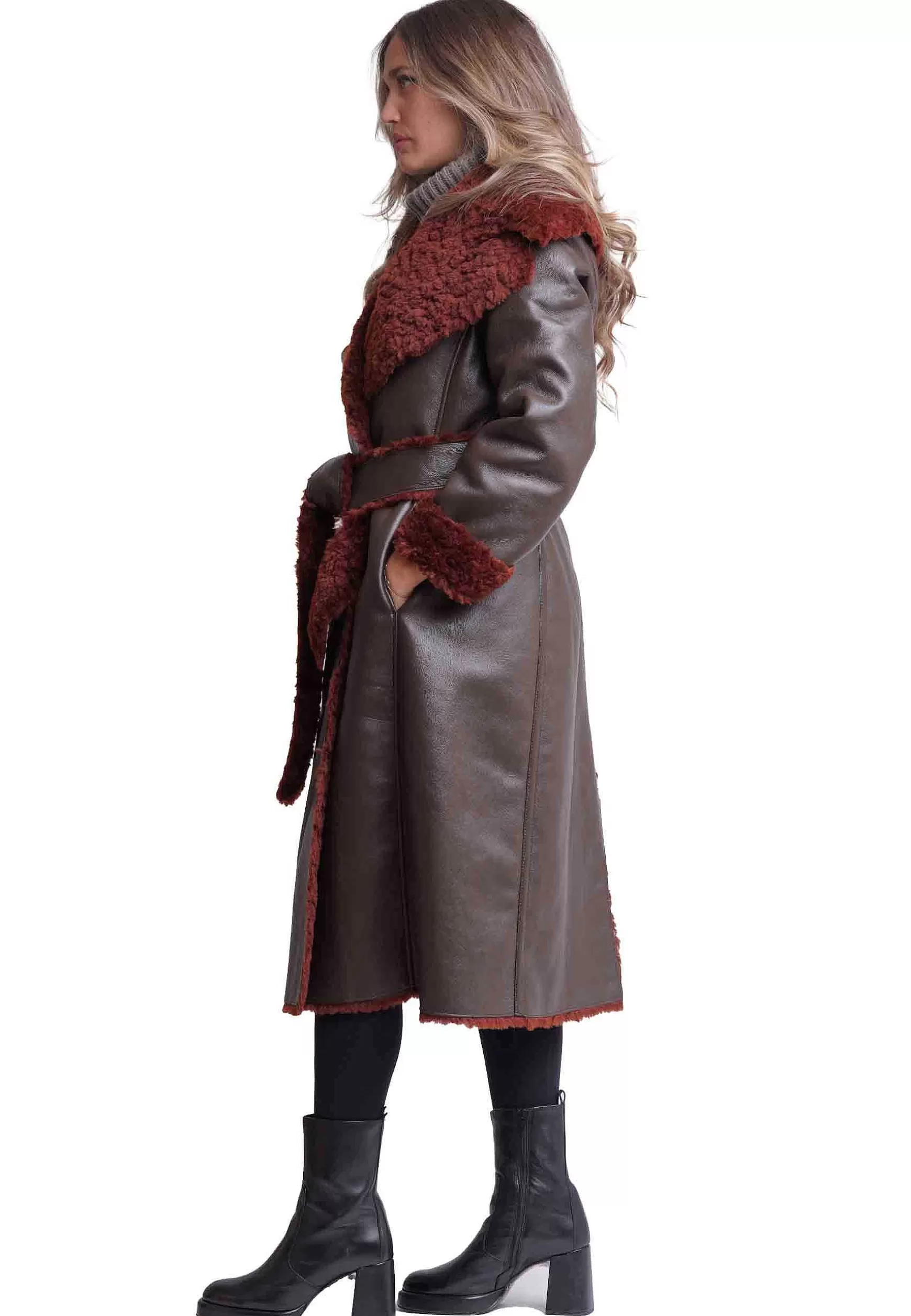 Cappotto Donna Reversibile Ram In Eco Montone Marrone Con Ampio Bavero*Maliparmi New