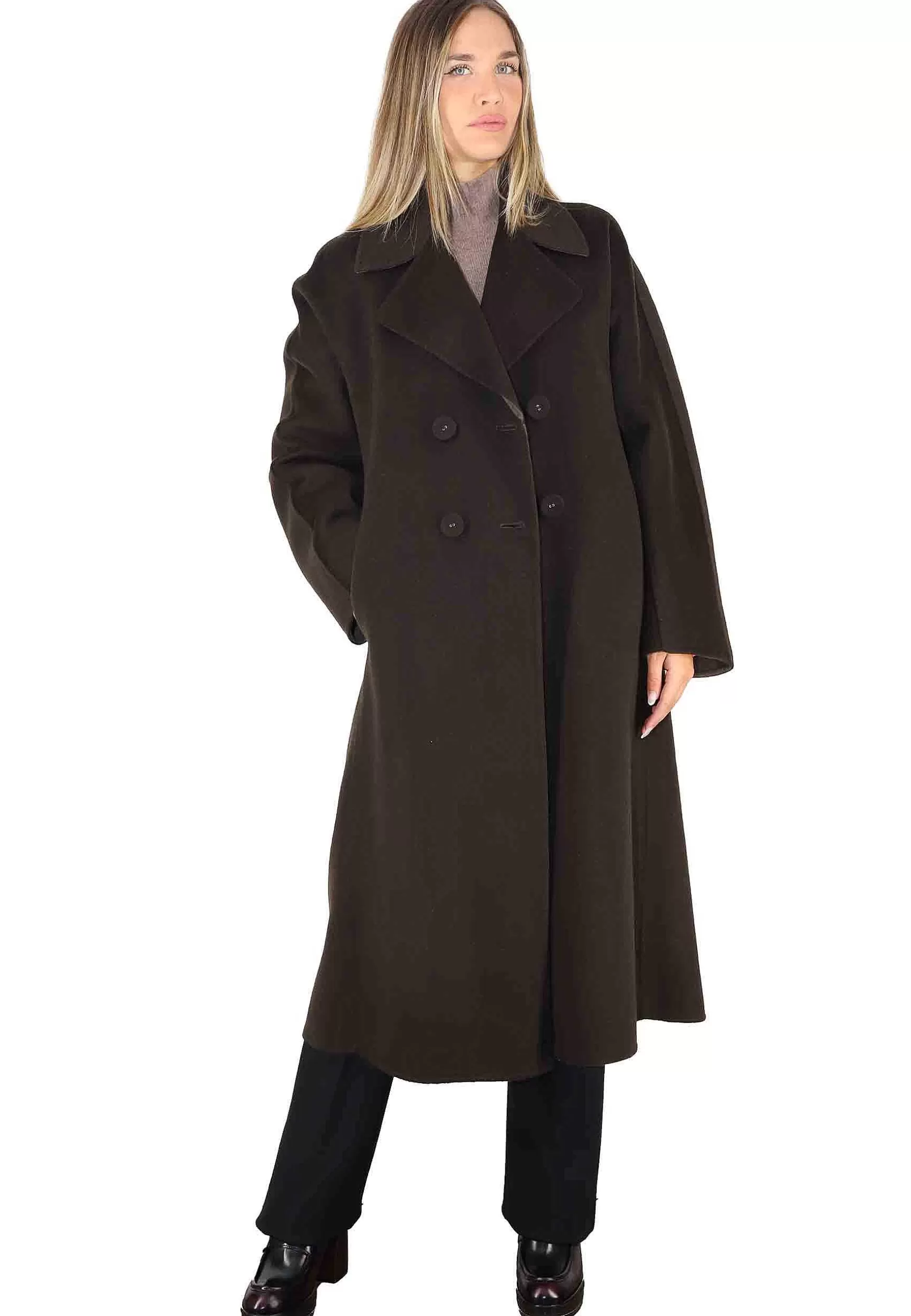 Cappotto Lungo Donna Double In Lana Marrone E Grigio A Doppiopetto*Maliparmi Cheap