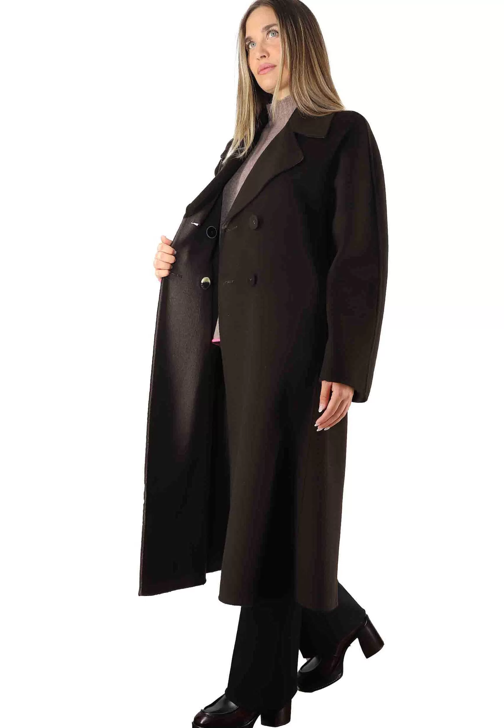 Cappotto Lungo Donna Double In Lana Marrone E Grigio A Doppiopetto*Maliparmi Cheap