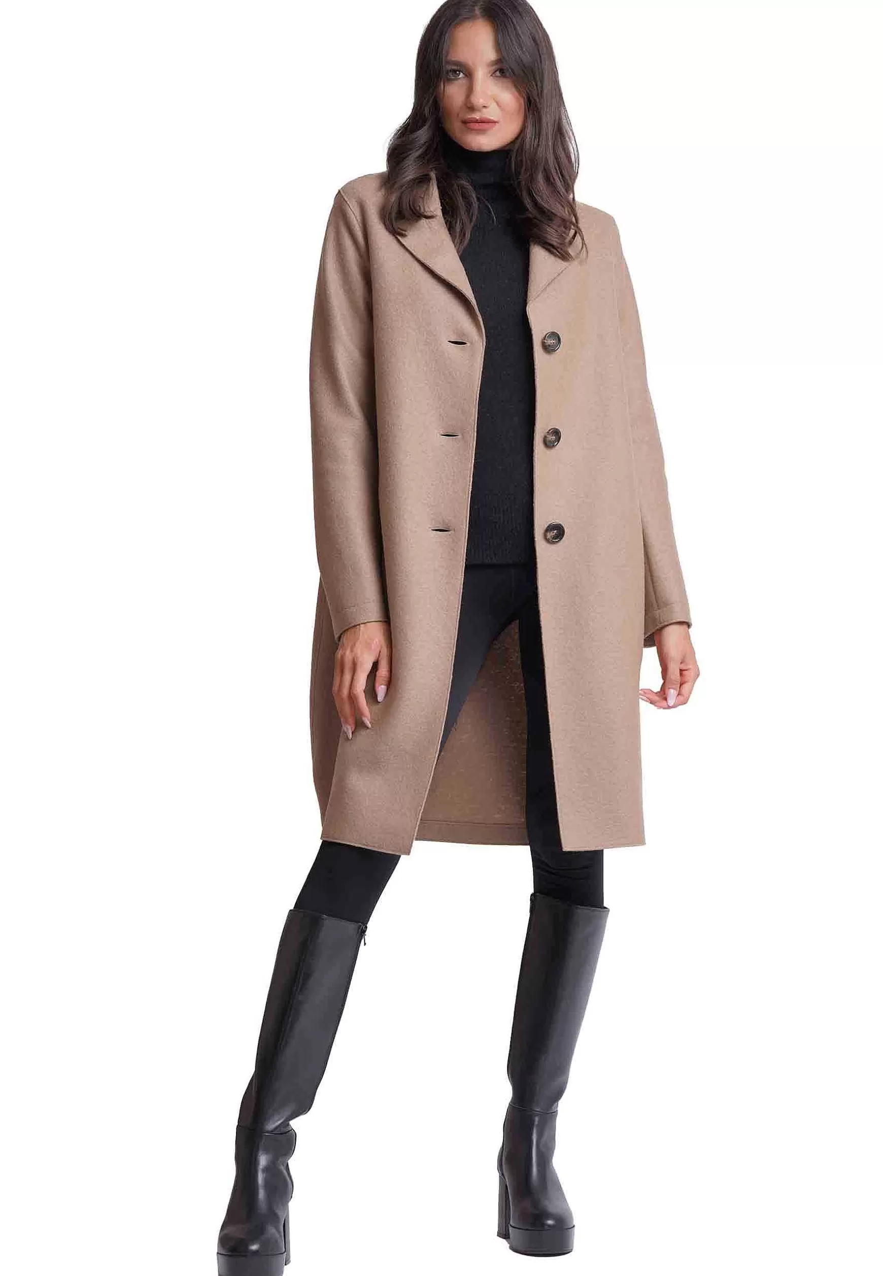 Cappotto Lungo Donna In Pura Lana Vergine Cammello Monopetto*Ewooluzione Sale