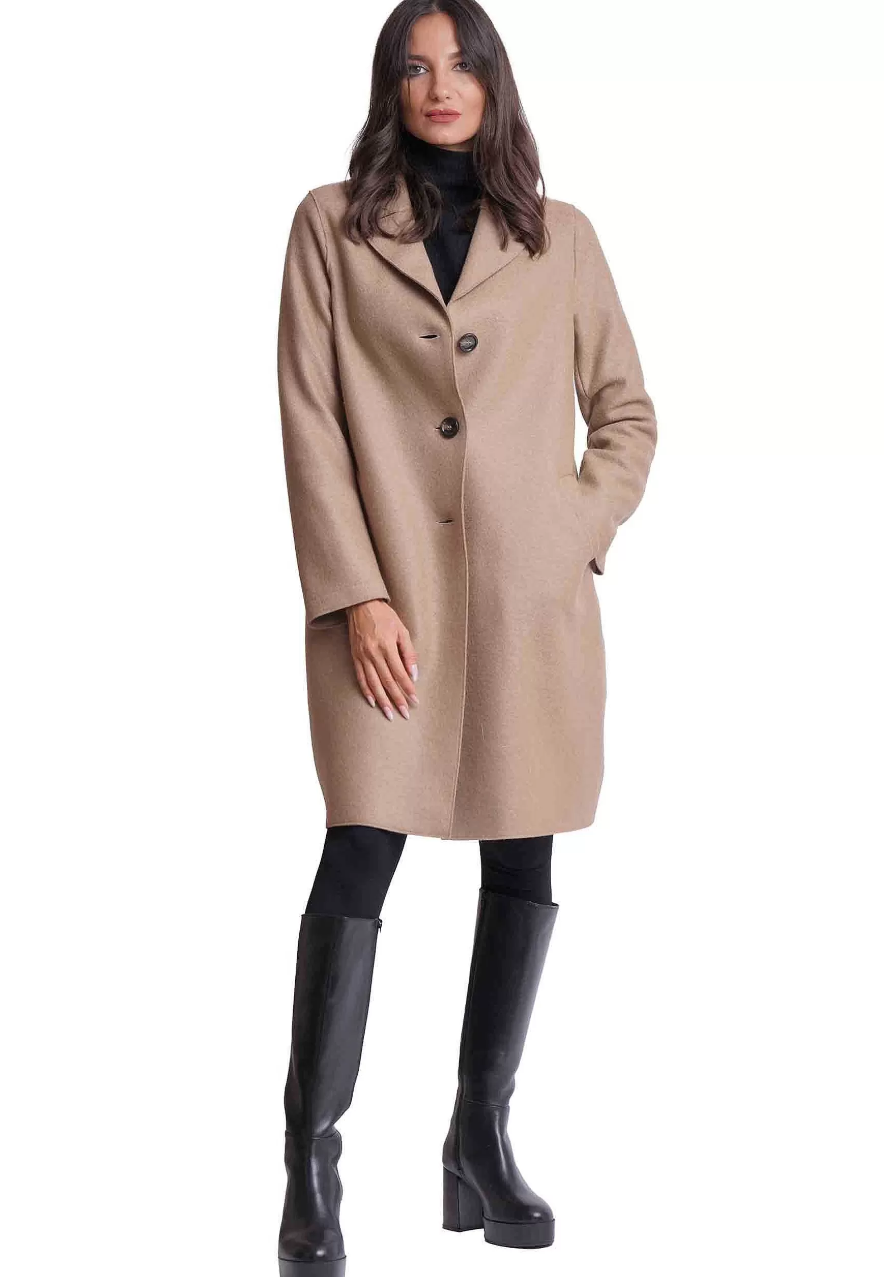 Cappotto Lungo Donna In Pura Lana Vergine Cammello Monopetto*Ewooluzione Sale