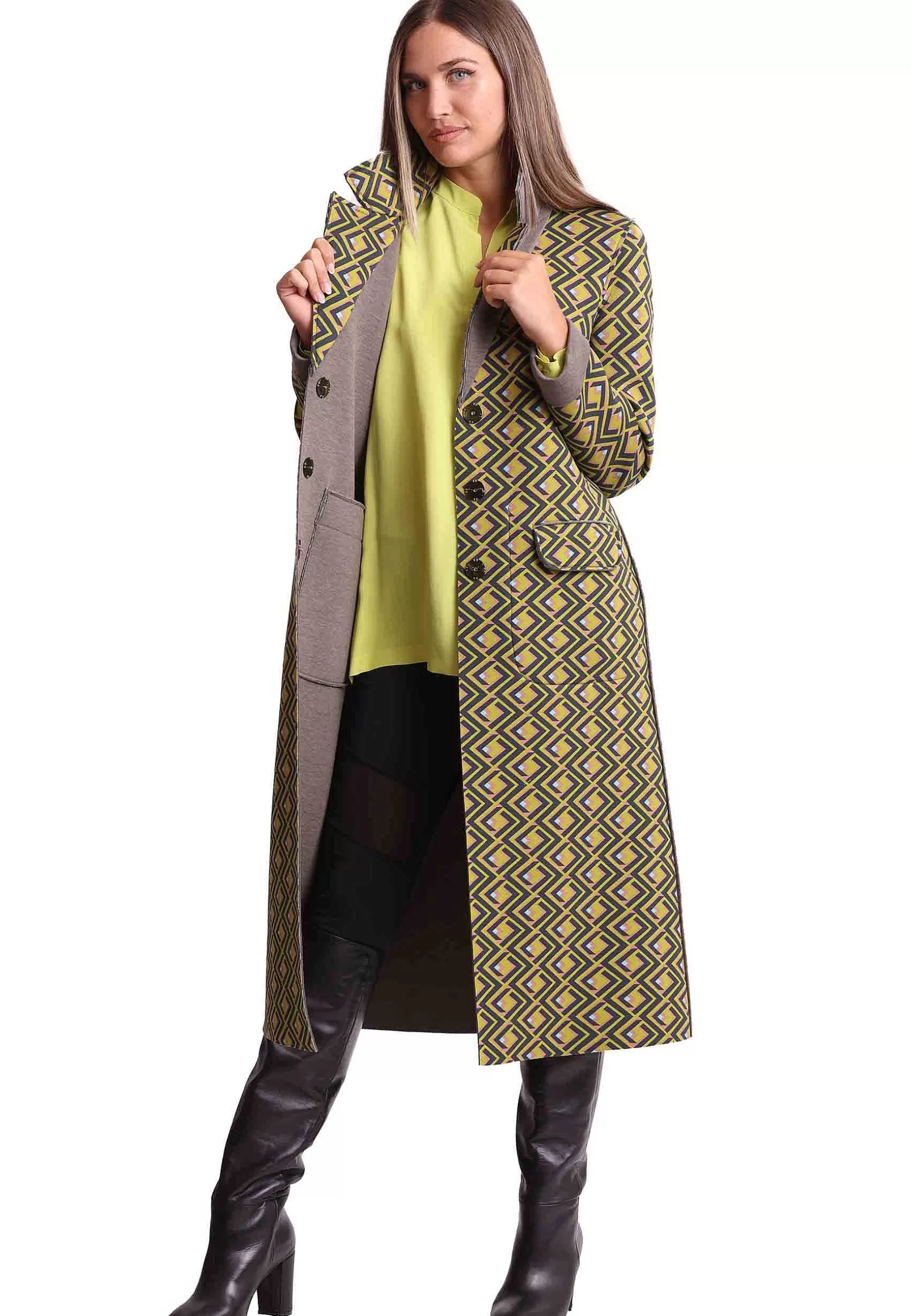 Cappotto Lungo Donna Maze Scuba In Tessuto Marrone E Verde A Fantasia*Maliparmi Outlet