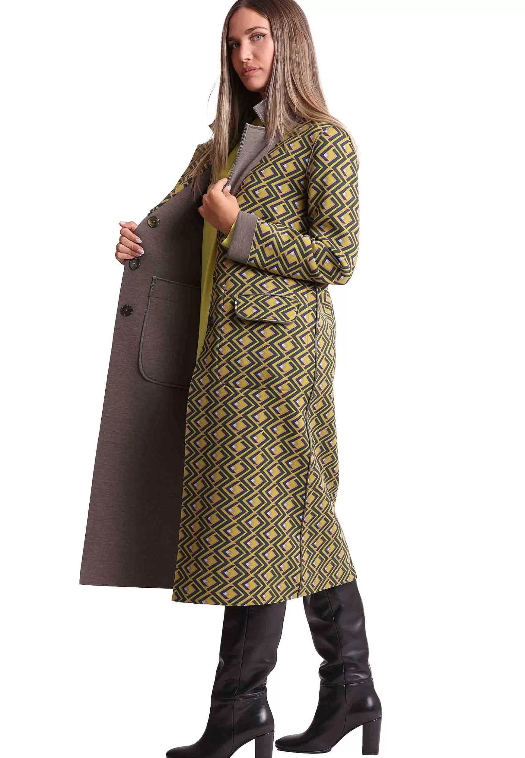 Cappotto Lungo Donna Maze Scuba In Tessuto Marrone E Verde A Fantasia*Maliparmi Outlet