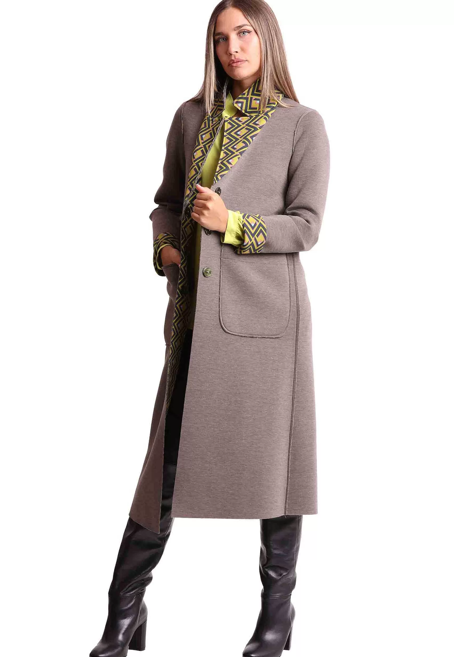Cappotto Lungo Donna Maze Scuba In Tessuto Marrone E Verde A Fantasia*Maliparmi Outlet
