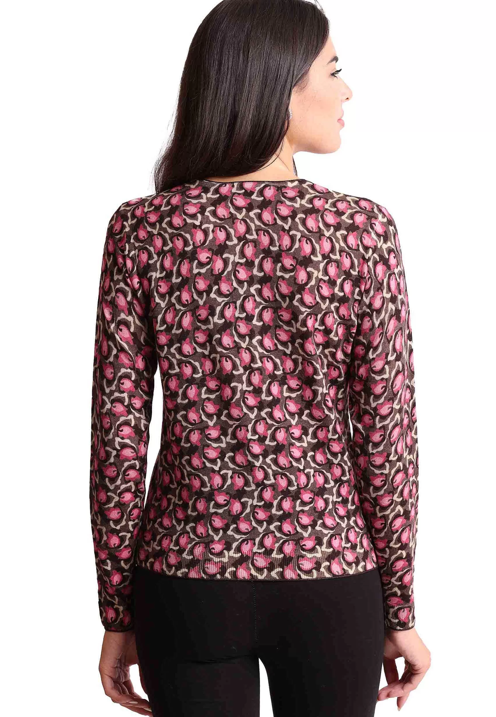 Cardigan Donna Camo Leaves In Lana Merinos Girocollo Rosa A Fantasia*Maliparmi Discount