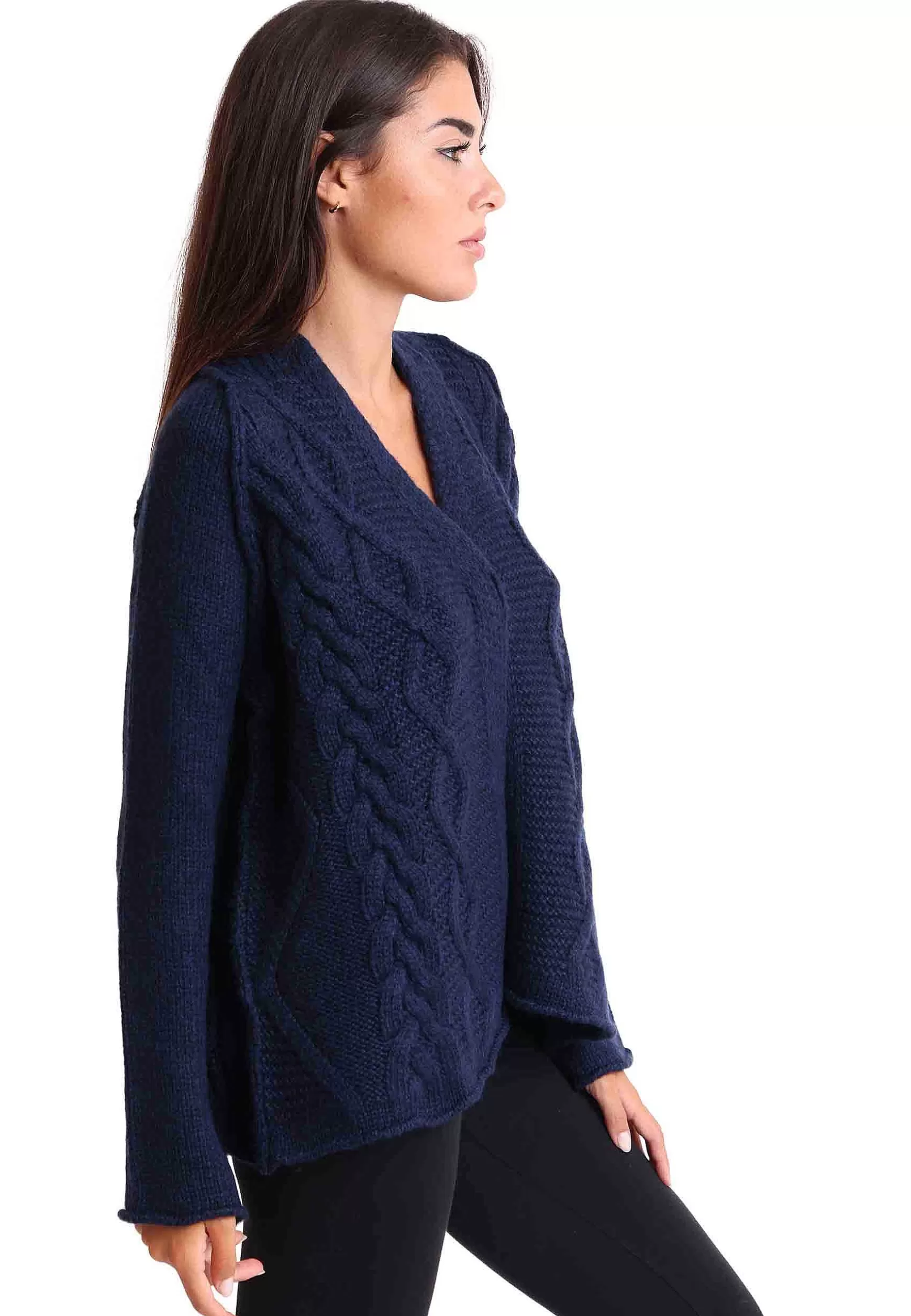 Cardigan Donna In Lana Blu Con Trecce Maniche Lunghe E Bottoni A Scomparsa*TreBarraBi Store