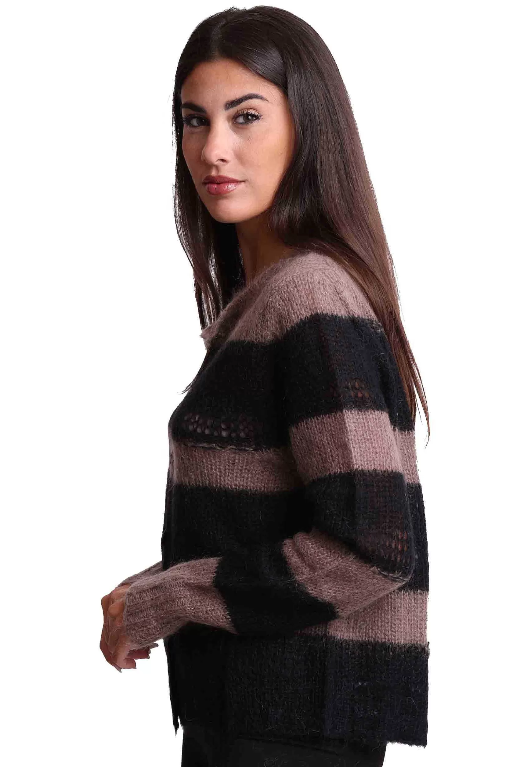 Cardigan Donna Lurex Stripes In Lana Mohair Nero E Beige*Maliparmi Cheap