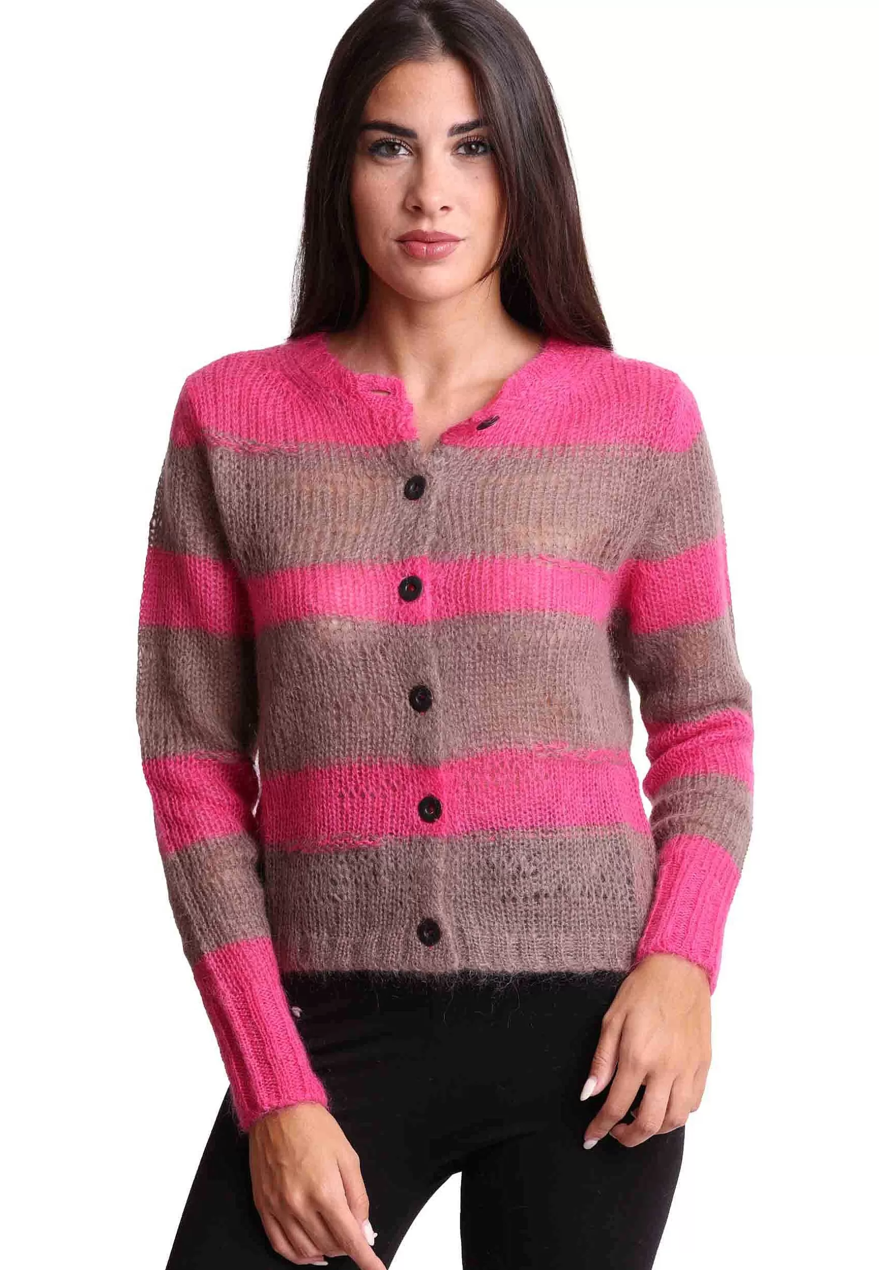 Cardigan Donna Lurex Stripes In Lana Mohair Rosa E Beige*Maliparmi Clearance