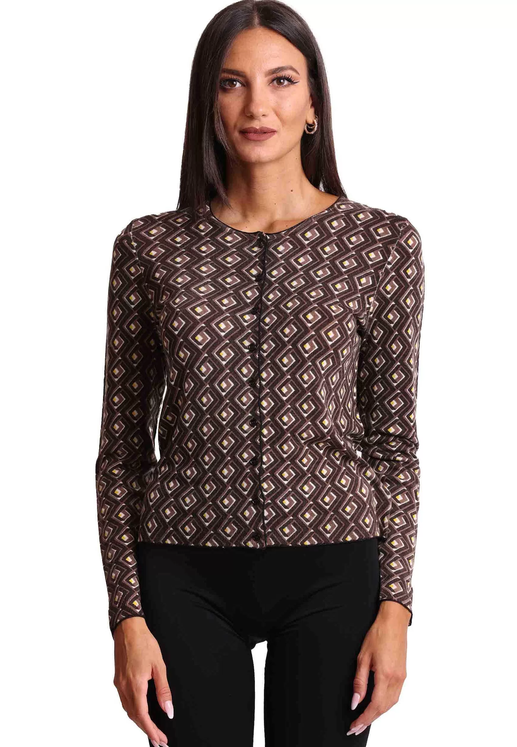 Cardigan Donna Merinos In Lana Merinos Girocollo Marrone A Fantasia*Maliparmi Store