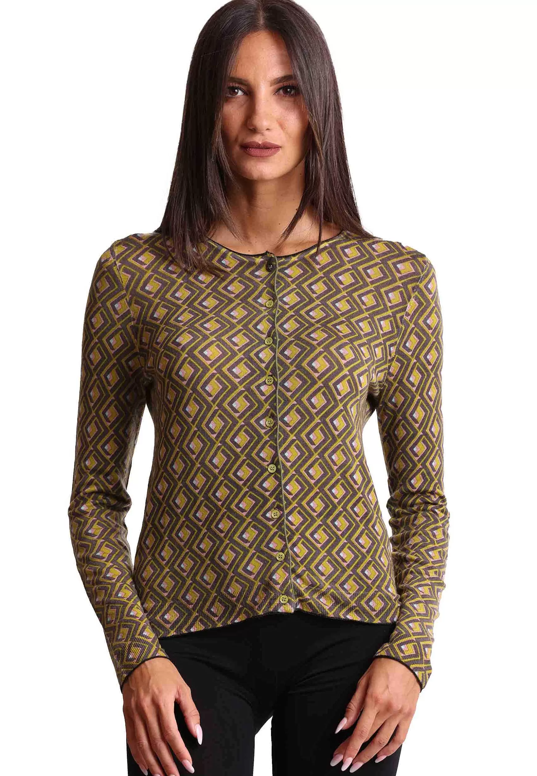 Cardigan Donna Merinos In Lana Merinos Girocollo Verde A Fantasia*Maliparmi Store