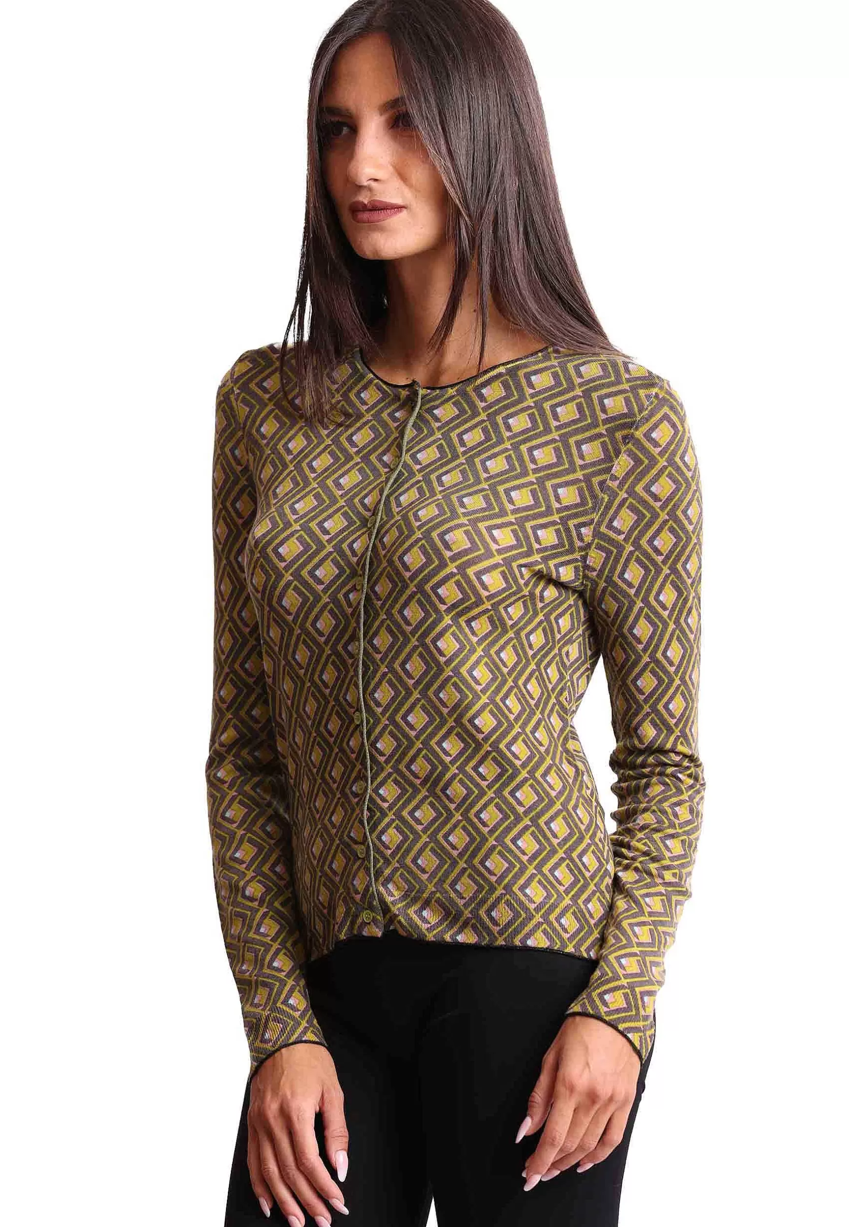 Cardigan Donna Merinos In Lana Merinos Girocollo Verde A Fantasia*Maliparmi Store