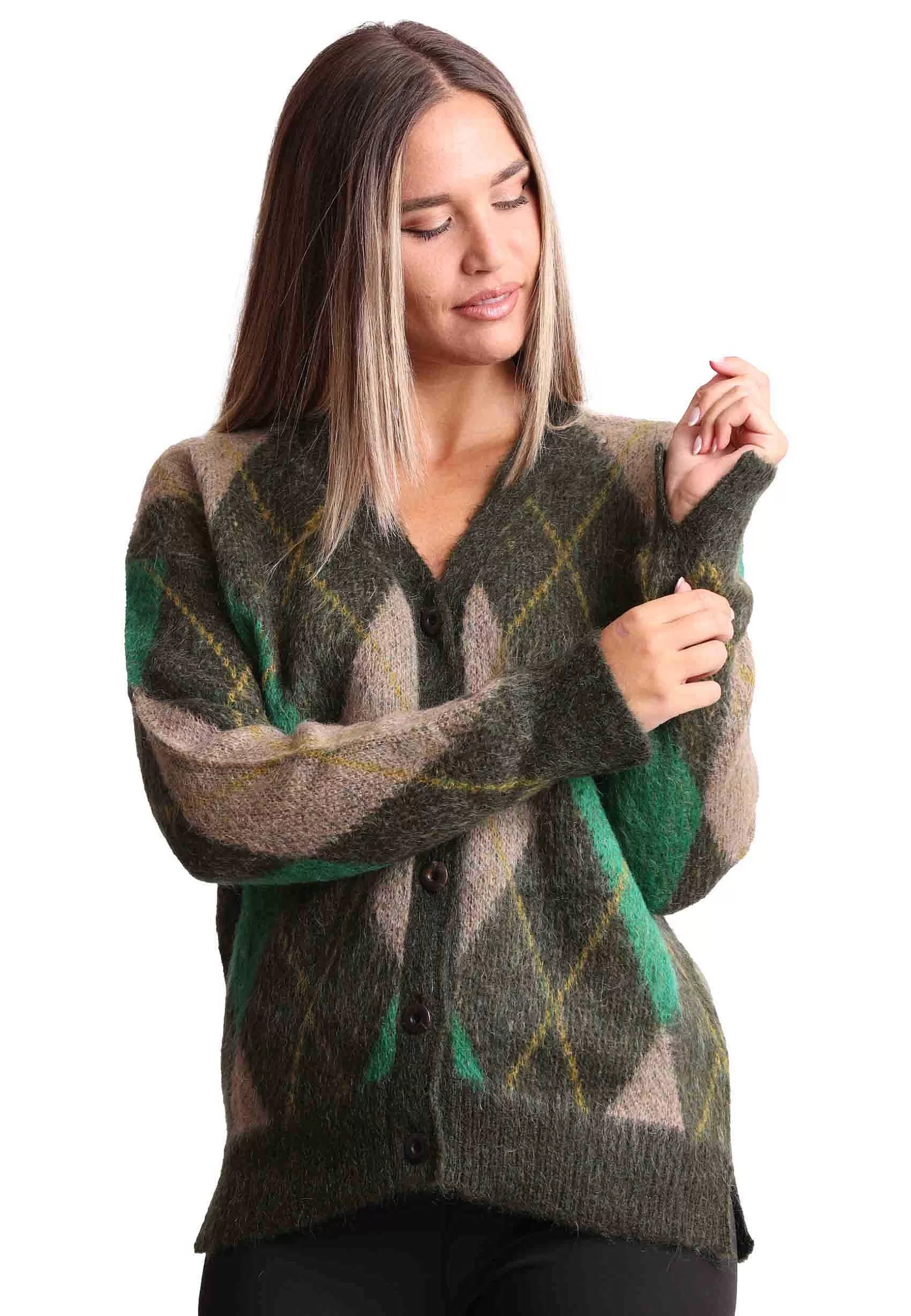 Cardigan Donna Mohair Check In Lana Marrone Con Scollo A V*Maliparmi Best Sale