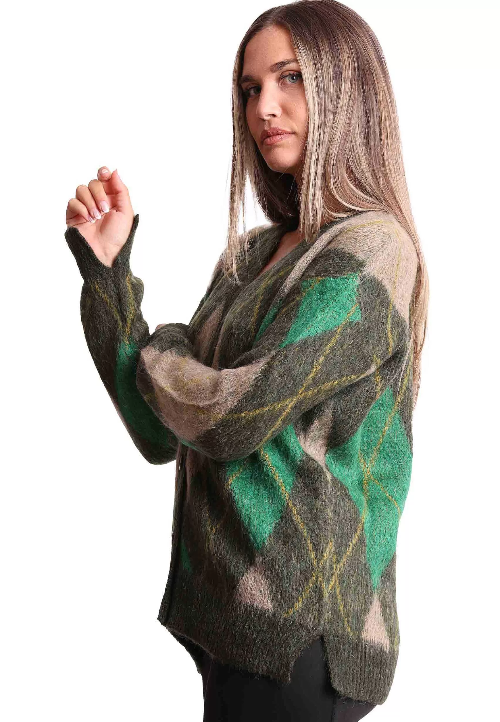 Cardigan Donna Mohair Check In Lana Marrone Con Scollo A V*Maliparmi Best Sale