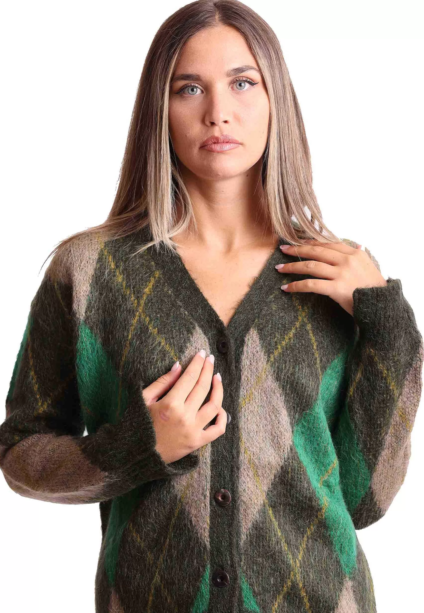 Cardigan Donna Mohair Check In Lana Marrone Con Scollo A V*Maliparmi Best Sale