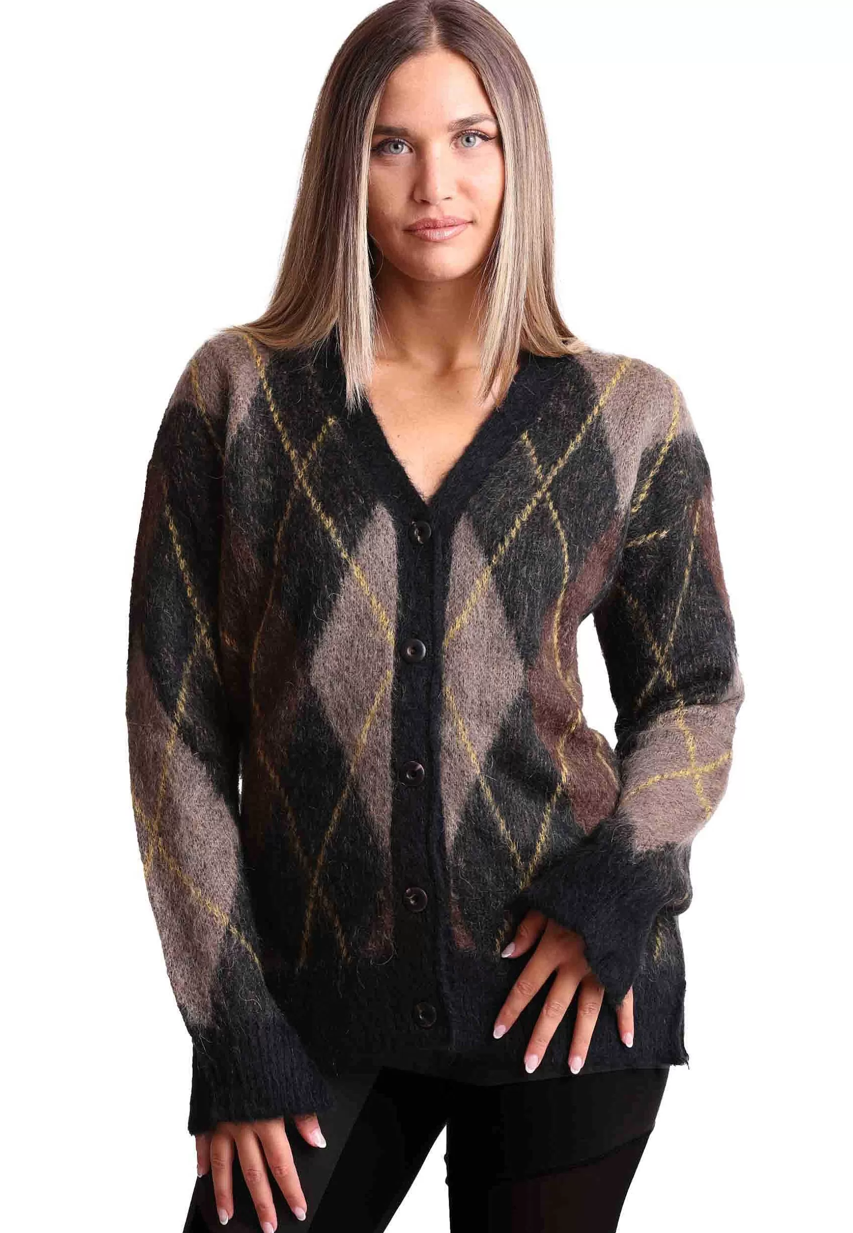 Cardigan Donna Mohair Check In Lana Nera Con Scollo A V*Maliparmi Hot