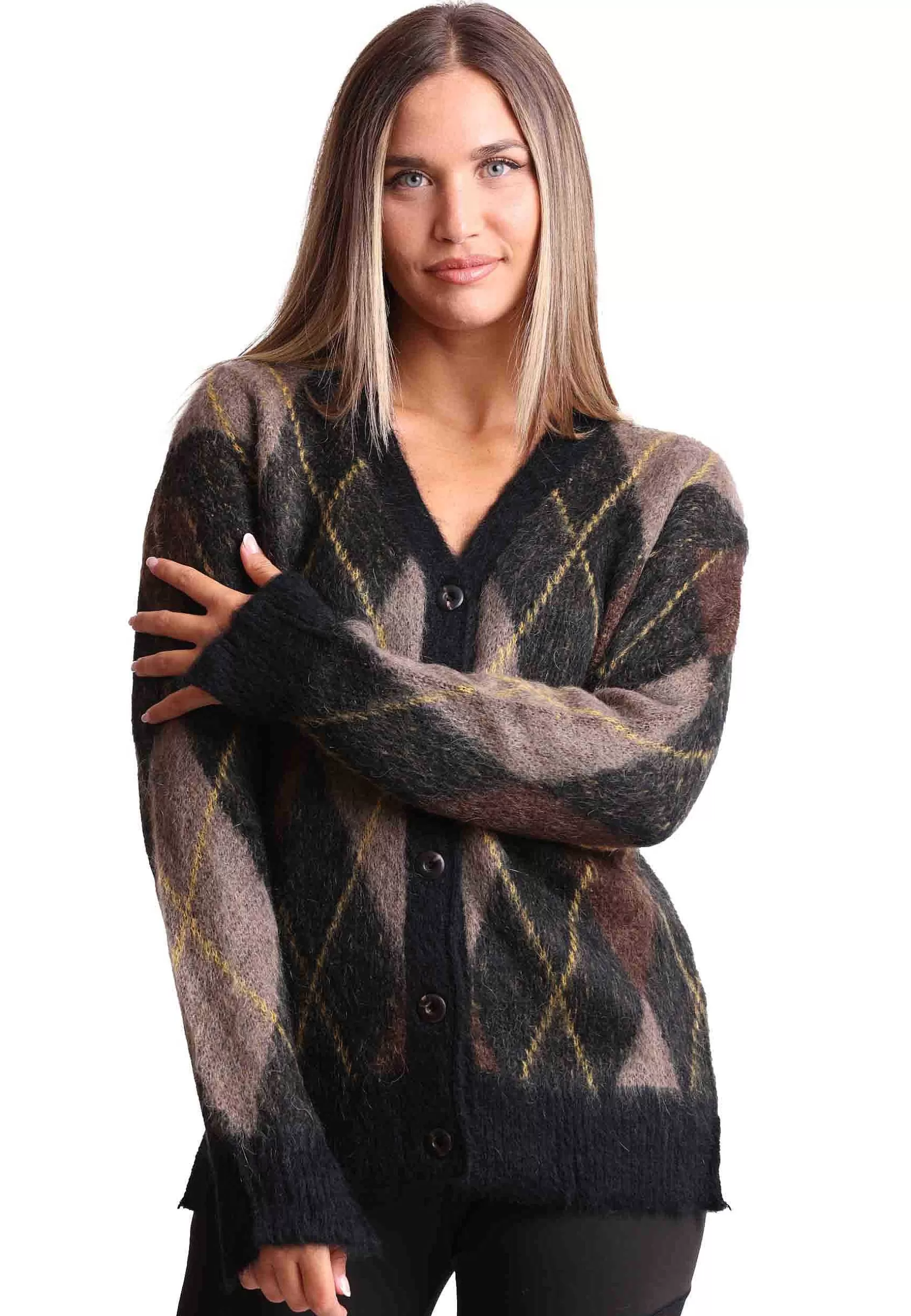 Cardigan Donna Mohair Check In Lana Nera Con Scollo A V*Maliparmi Hot