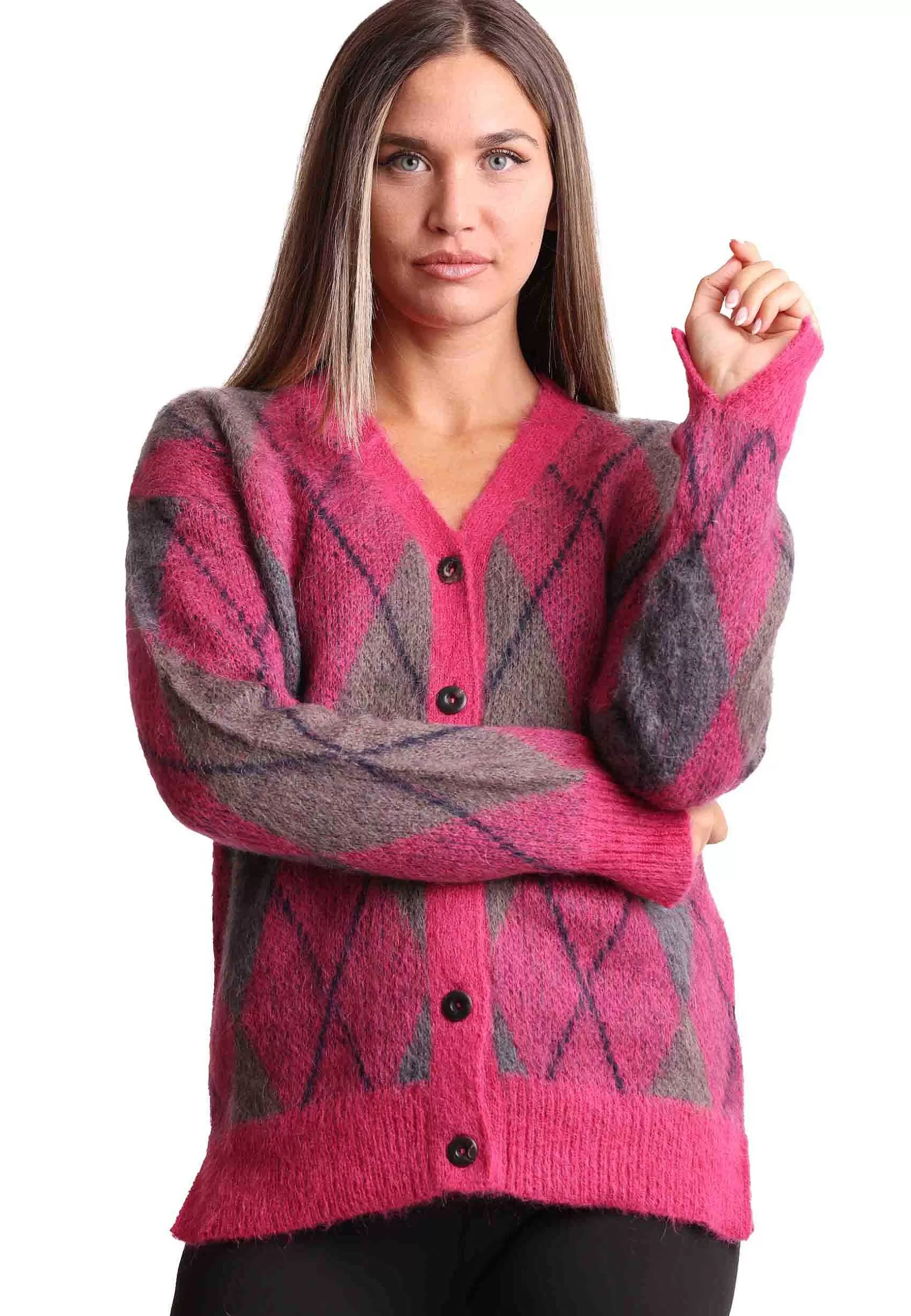 Cardigan Donna Mohair Check In Lana Rosa Con Scollo A V*Maliparmi Store