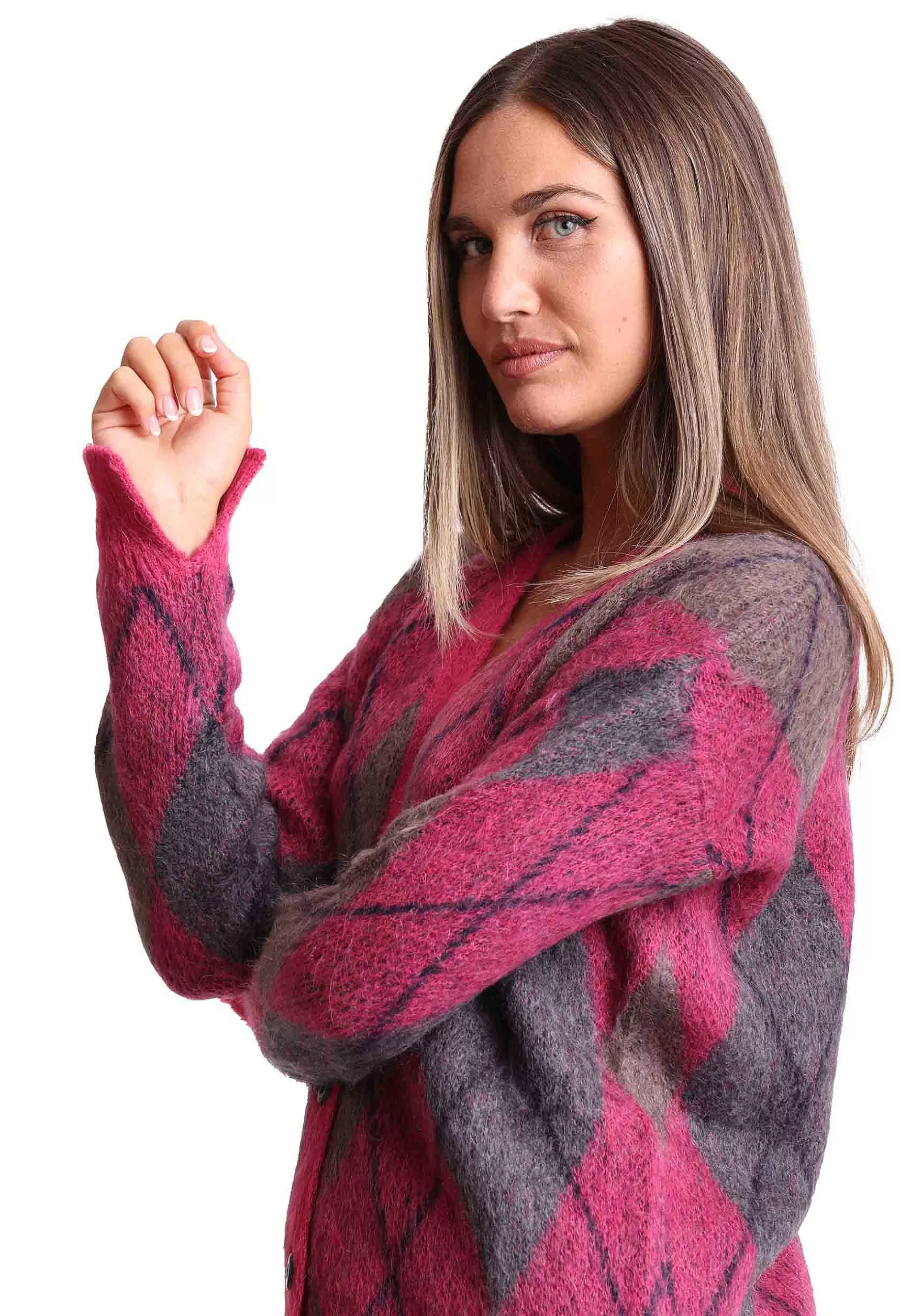 Cardigan Donna Mohair Check In Lana Rosa Con Scollo A V*Maliparmi Store
