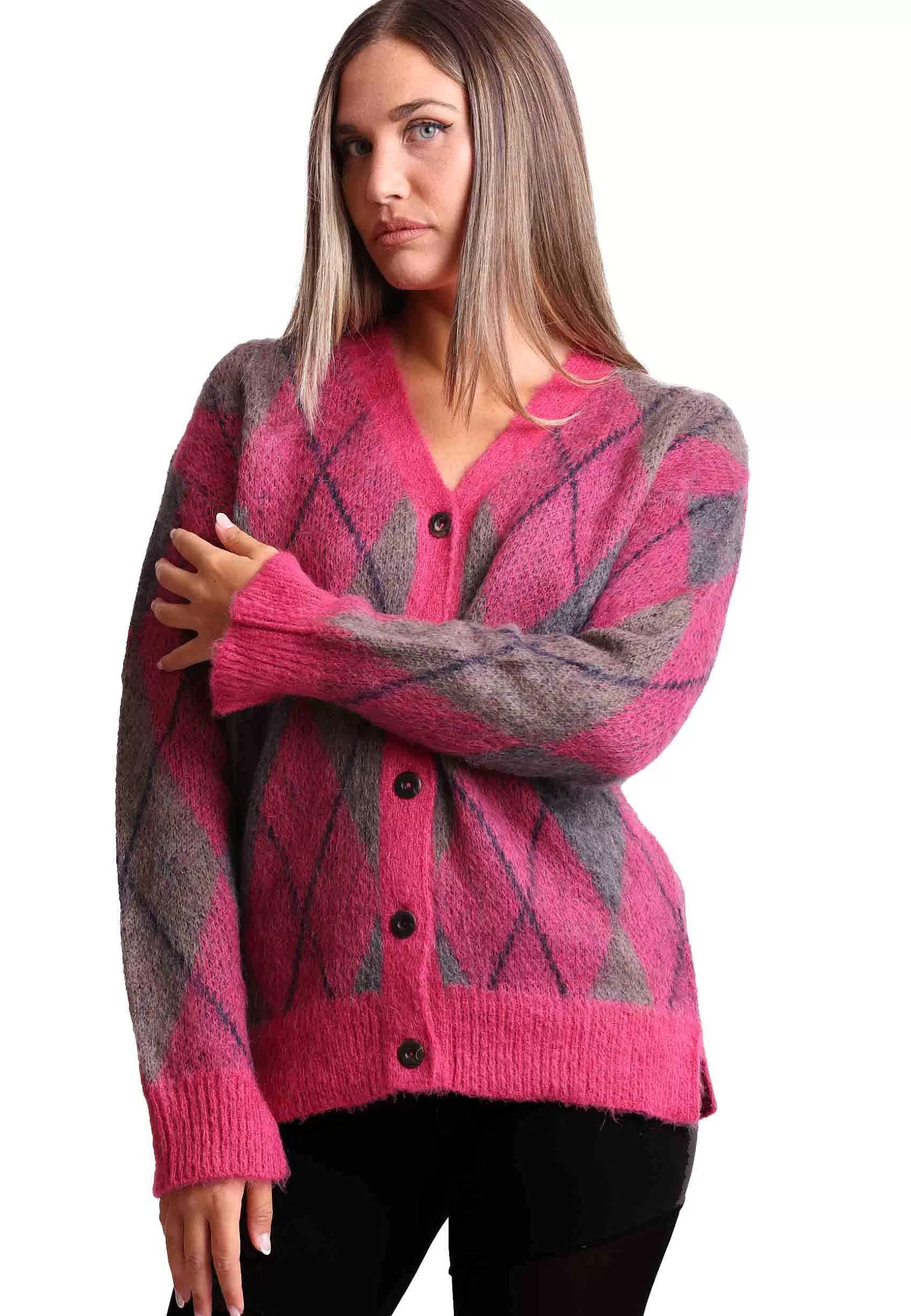 Cardigan Donna Mohair Check In Lana Rosa Con Scollo A V*Maliparmi Store
