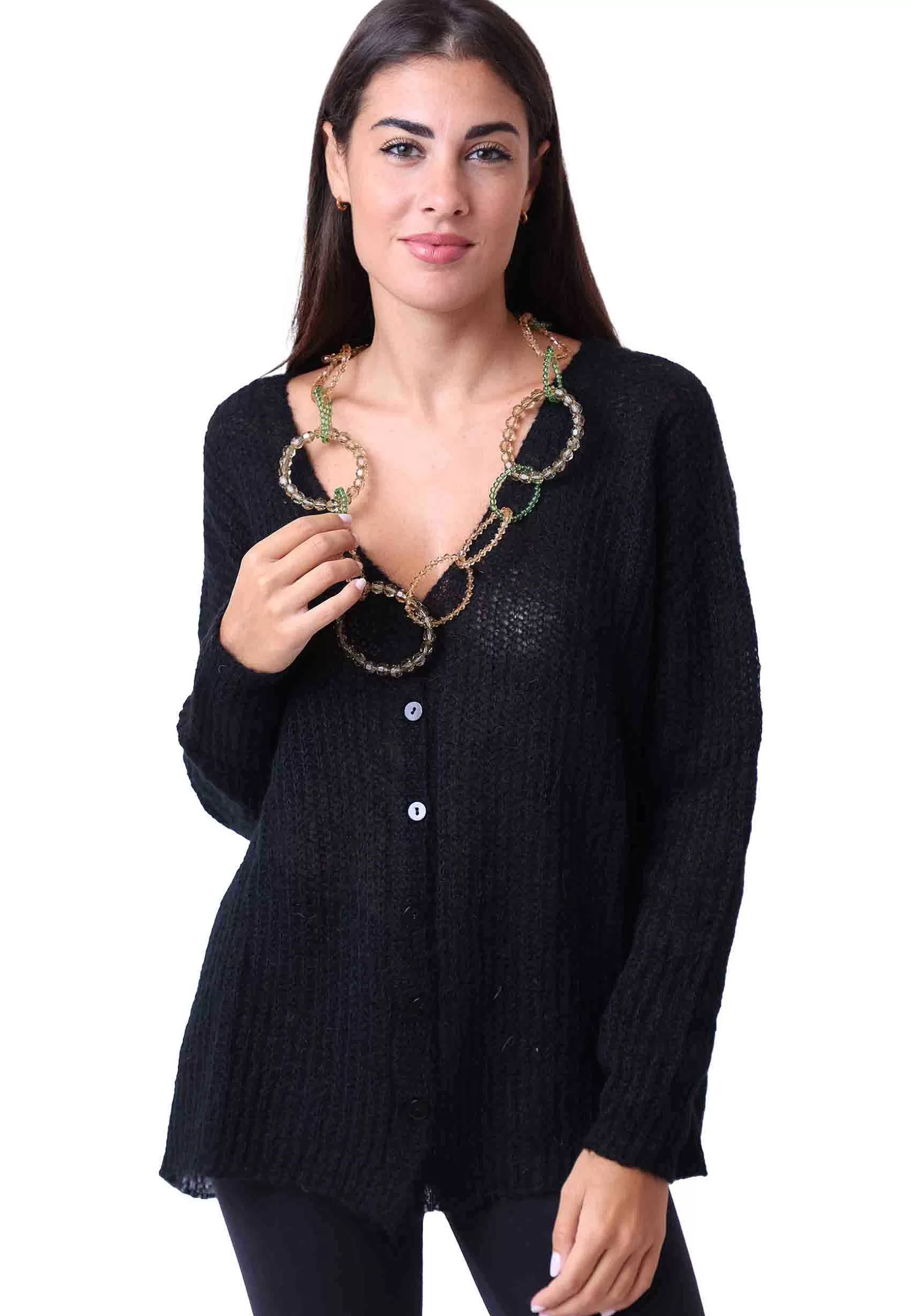 Cardigan Nuvola Donna In Lana Mohair Nera Scollo A V Con Maniche Lunghe*Pink Memories Outlet