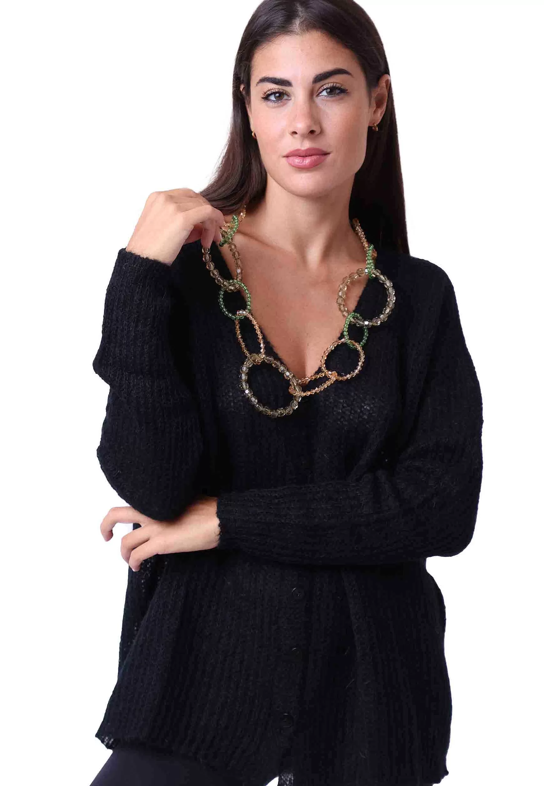 Cardigan Nuvola Donna In Lana Mohair Nera Scollo A V Con Maniche Lunghe*Pink Memories Outlet