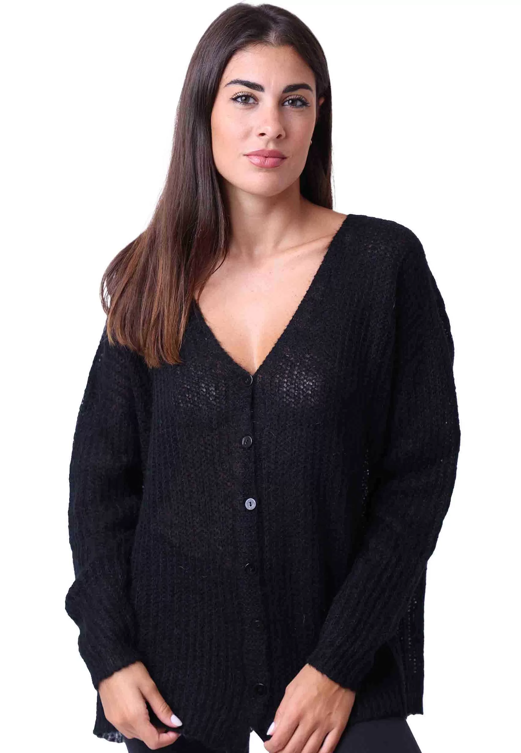 Cardigan Nuvola Donna In Lana Mohair Nera Scollo A V Con Maniche Lunghe*Pink Memories Outlet
