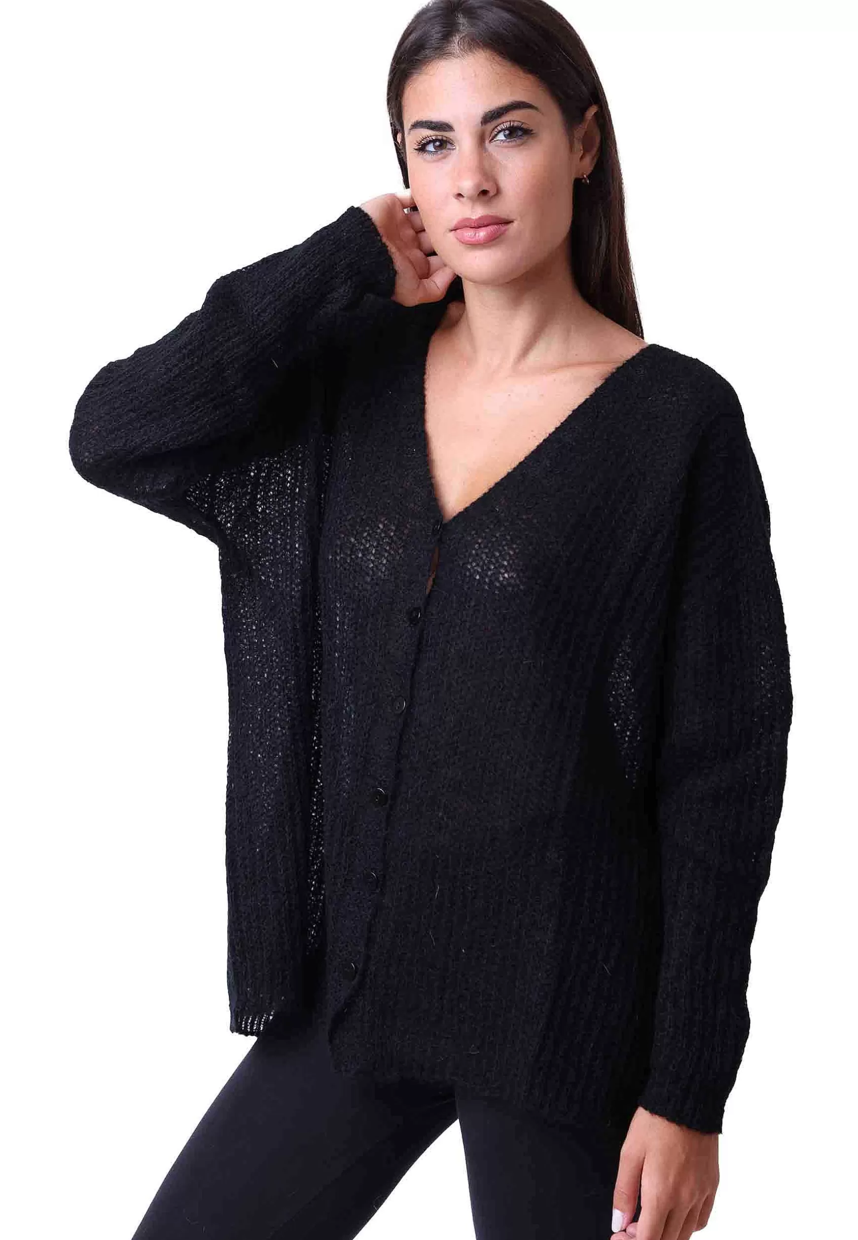 Cardigan Nuvola Donna In Lana Mohair Nera Scollo A V Con Maniche Lunghe*Pink Memories Outlet