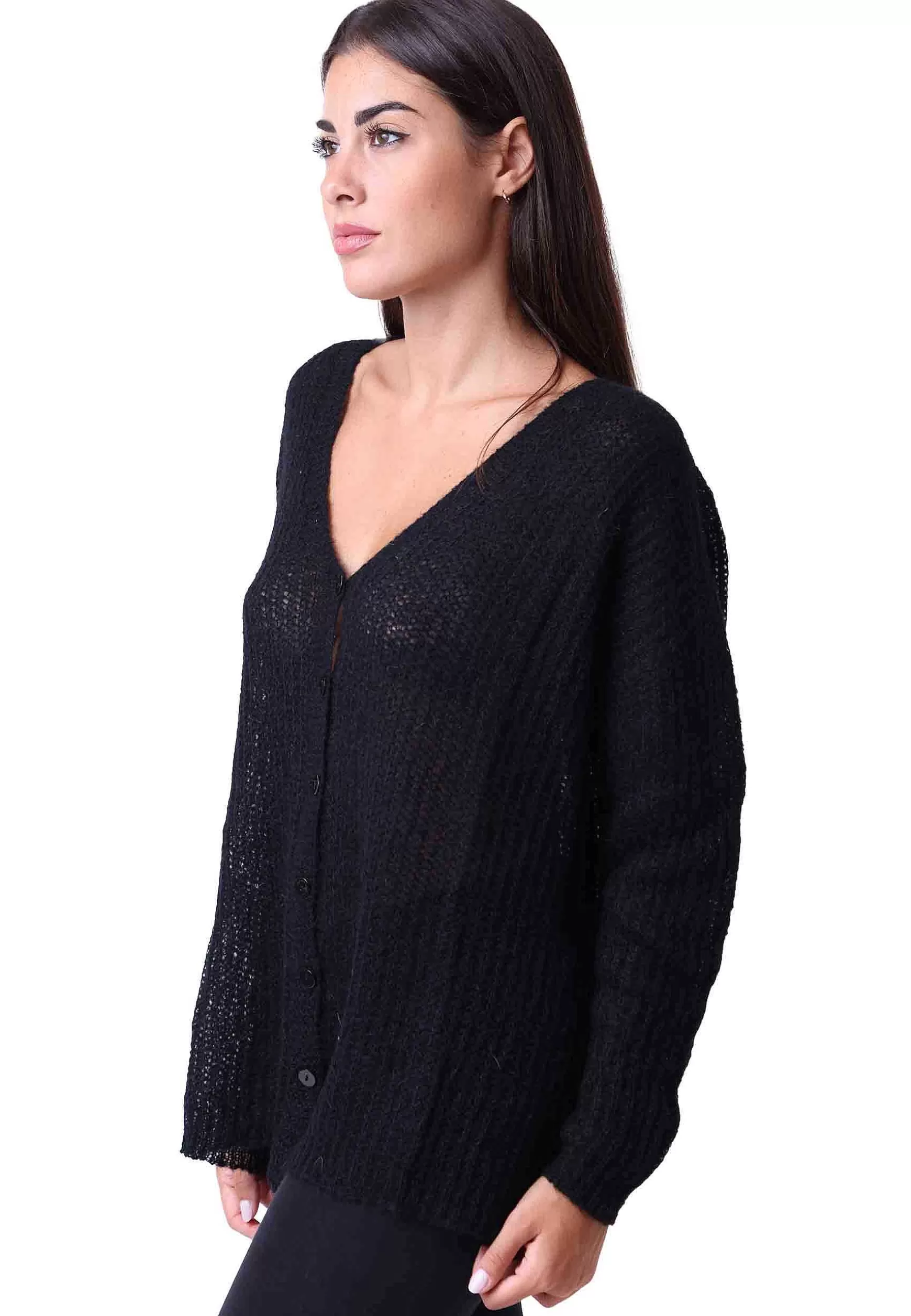 Cardigan Nuvola Donna In Lana Mohair Nera Scollo A V Con Maniche Lunghe*Pink Memories Outlet