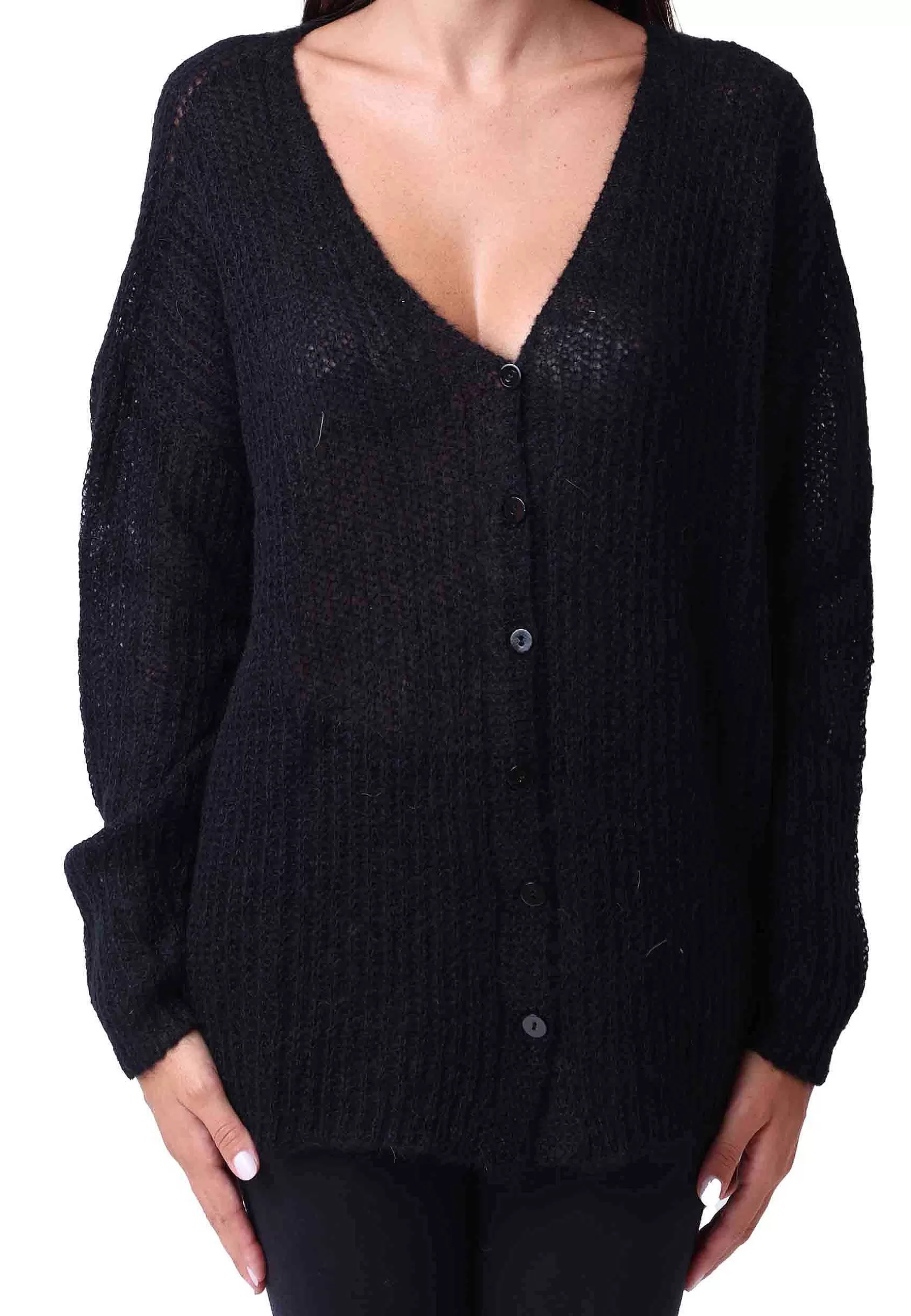 Cardigan Nuvola Donna In Lana Mohair Nera Scollo A V Con Maniche Lunghe*Pink Memories Outlet