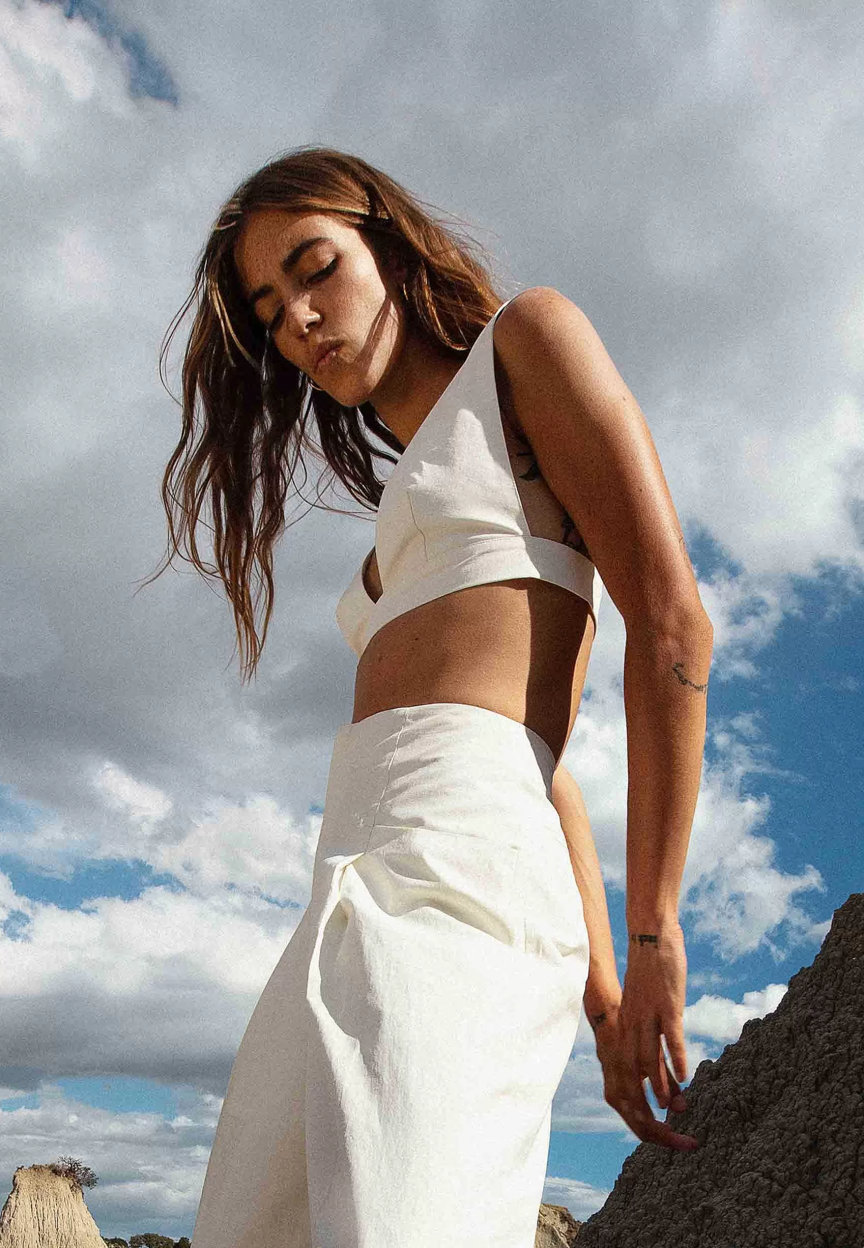 Crop Top Donna In Misto Cotone Bianca Con Bottoncini Posteriori*Nineminutes Fashion