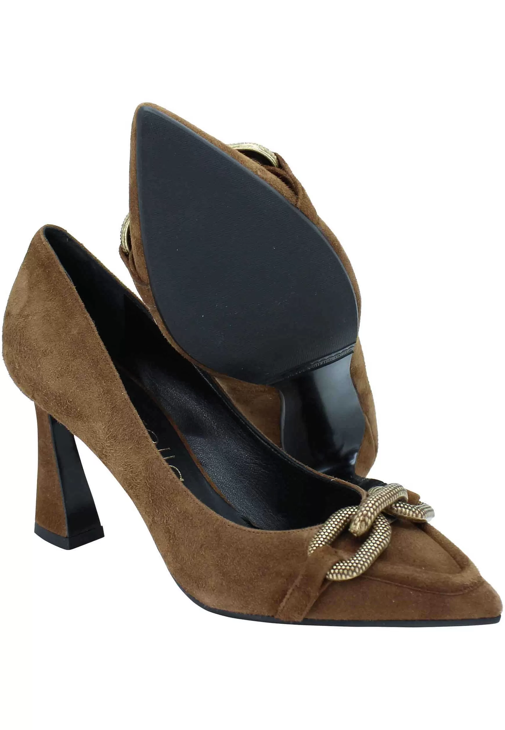 Decollete Donna In Camoscio Marrone Tacco Alto Con Catena In Oro Brunito** Best Sale