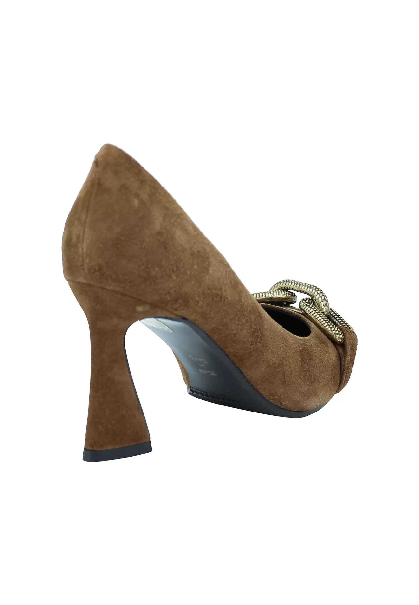 Decollete Donna In Camoscio Marrone Tacco Alto Con Catena In Oro Brunito** Best Sale