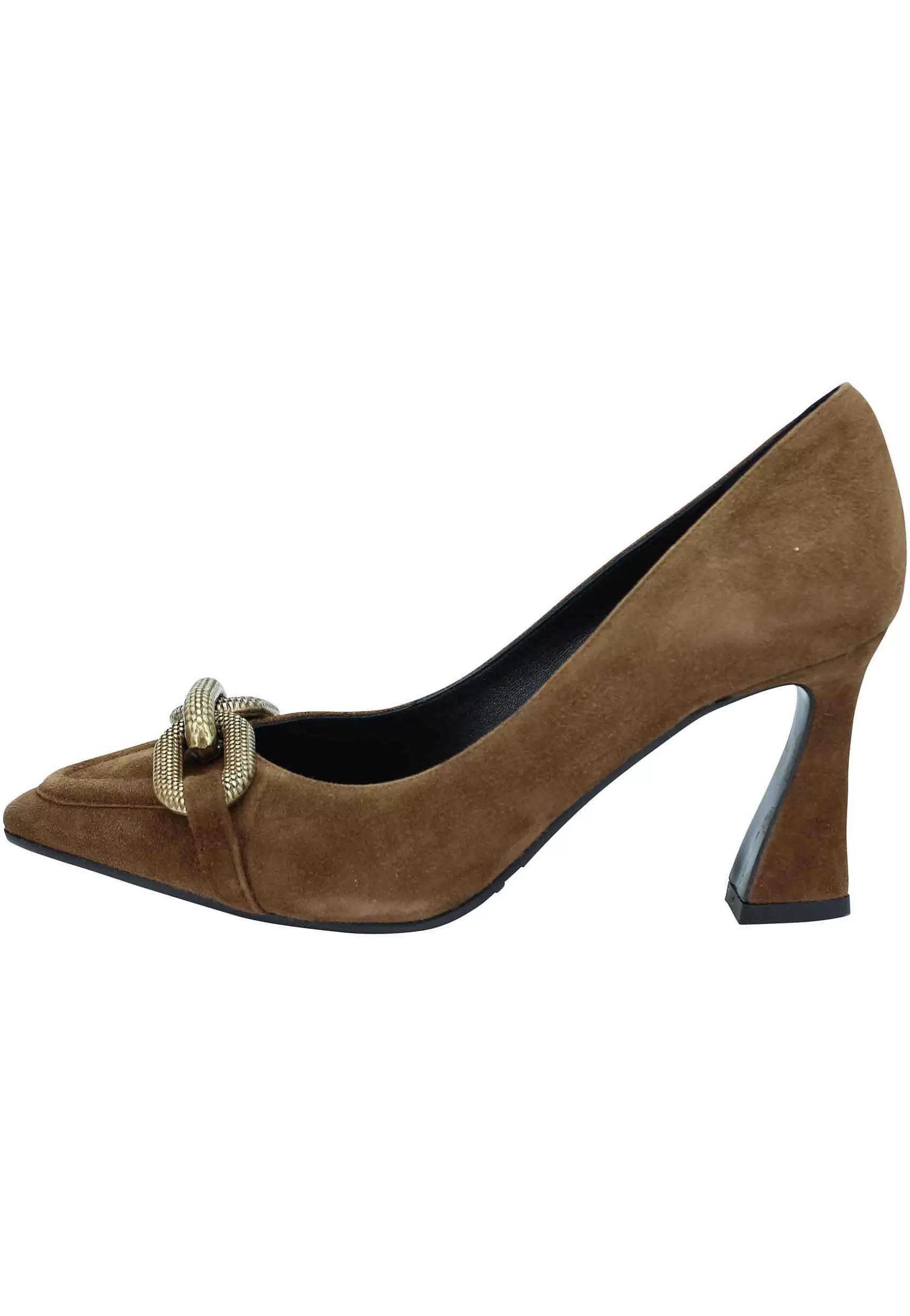 Decollete Donna In Camoscio Marrone Tacco Alto Con Catena In Oro Brunito** Best Sale