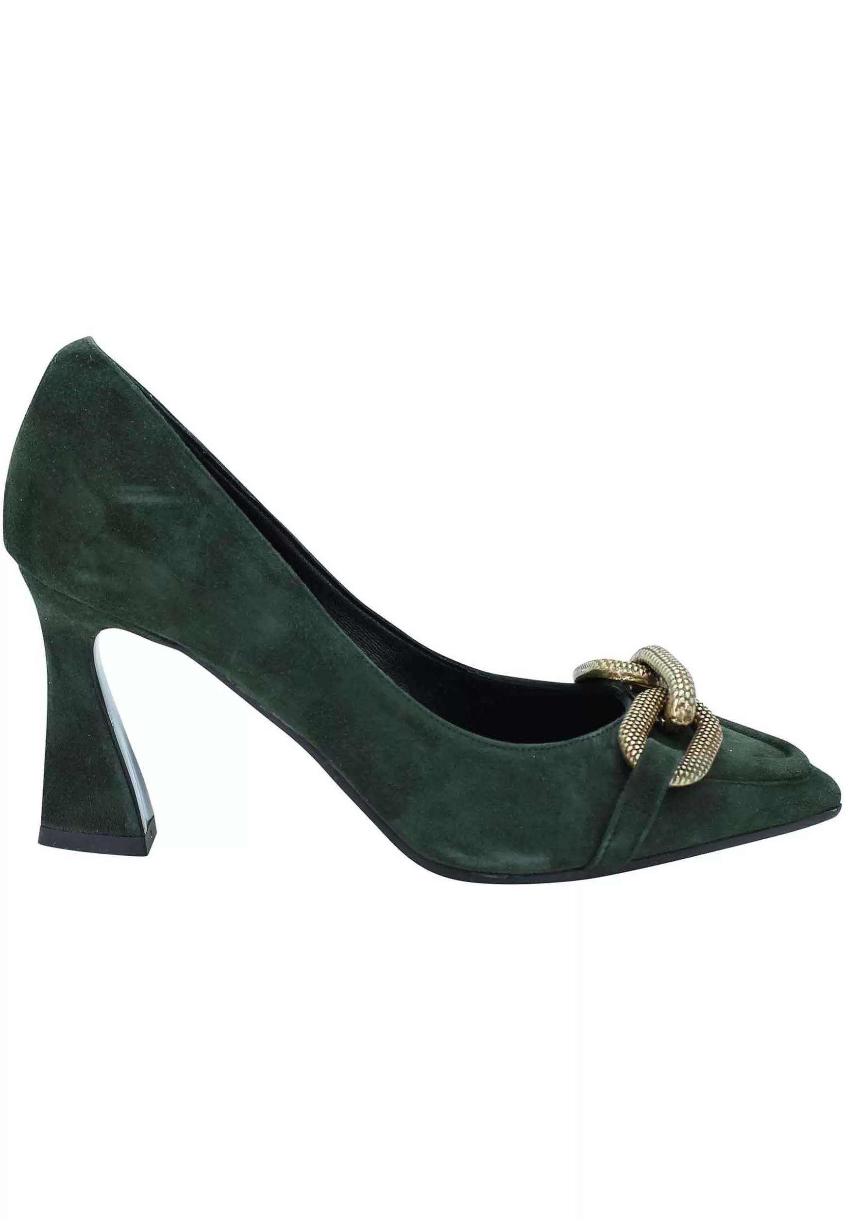 Decollete Donna In Camoscio Verde Tacco Alto Con Catena In Oro Brunito** Outlet