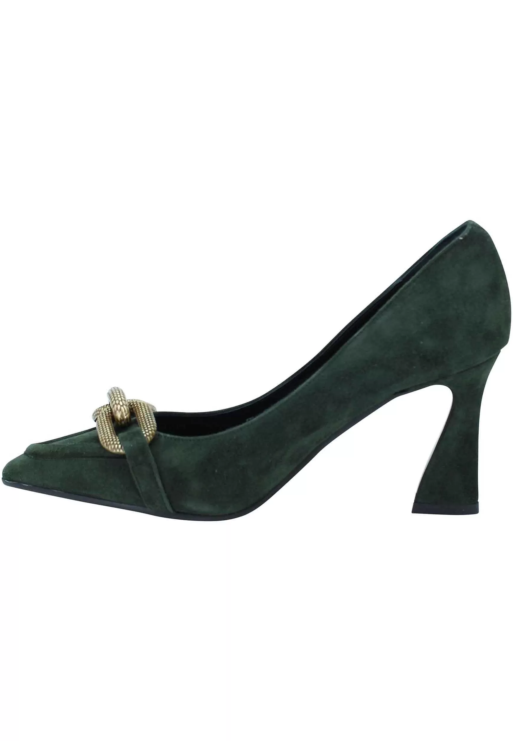 Decollete Donna In Camoscio Verde Tacco Alto Con Catena In Oro Brunito** Outlet