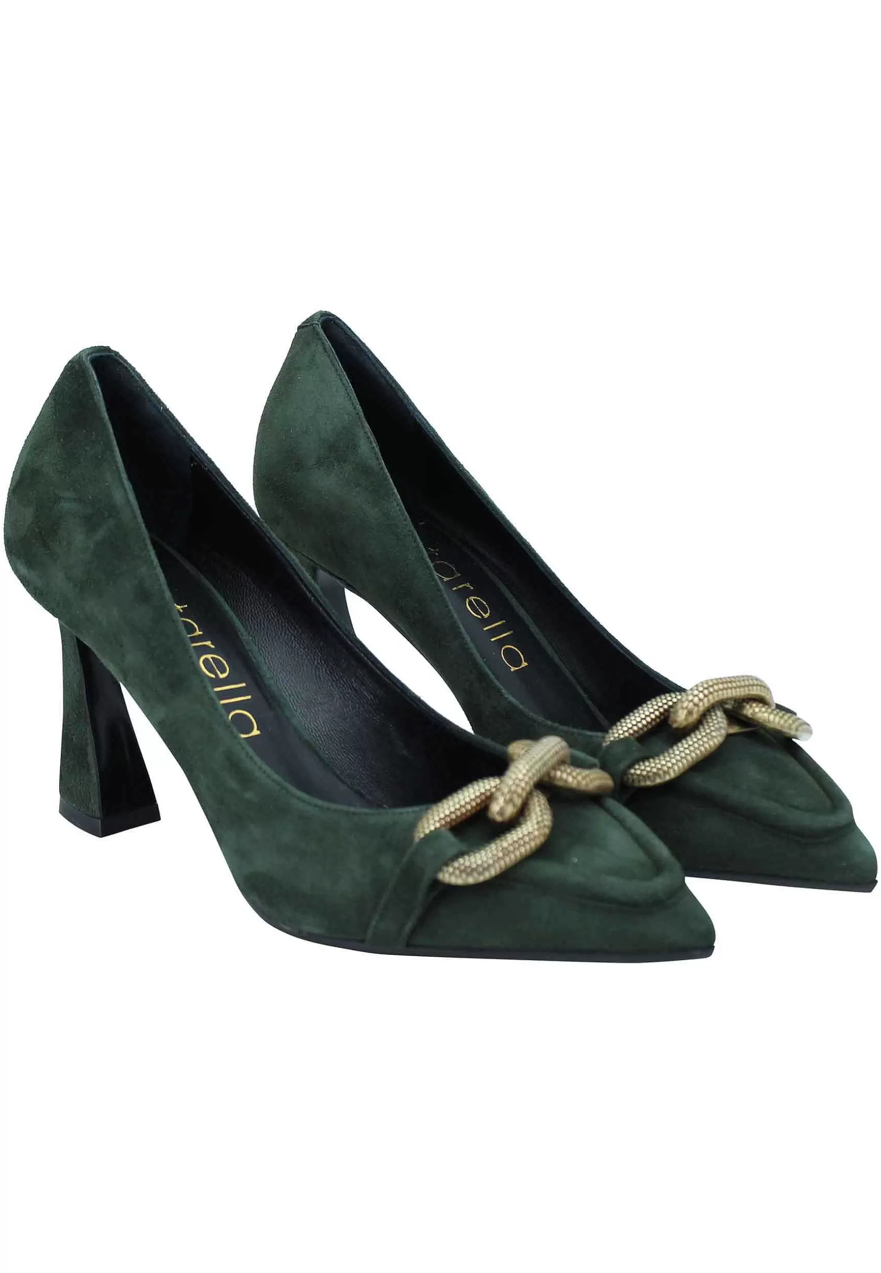 Decollete Donna In Camoscio Verde Tacco Alto Con Catena In Oro Brunito** Outlet