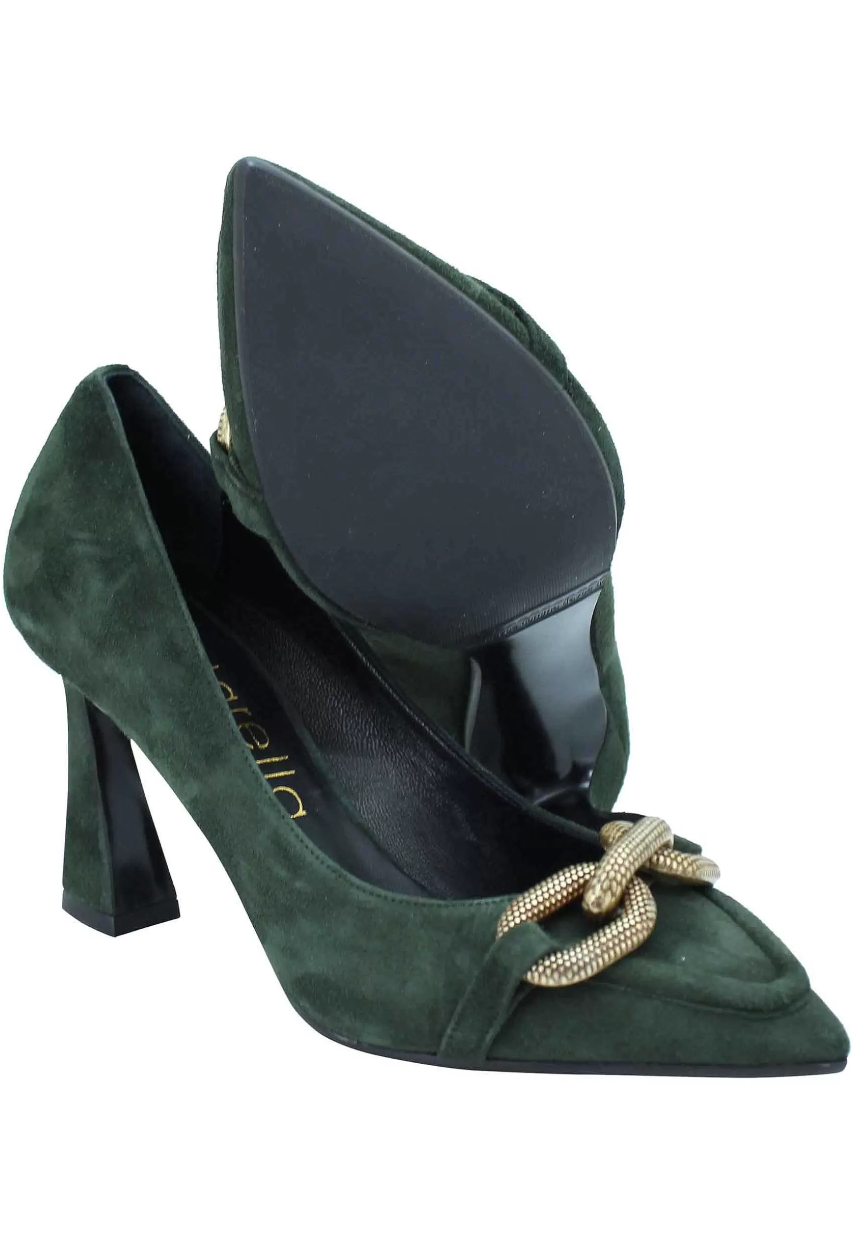 Decollete Donna In Camoscio Verde Tacco Alto Con Catena In Oro Brunito** Outlet