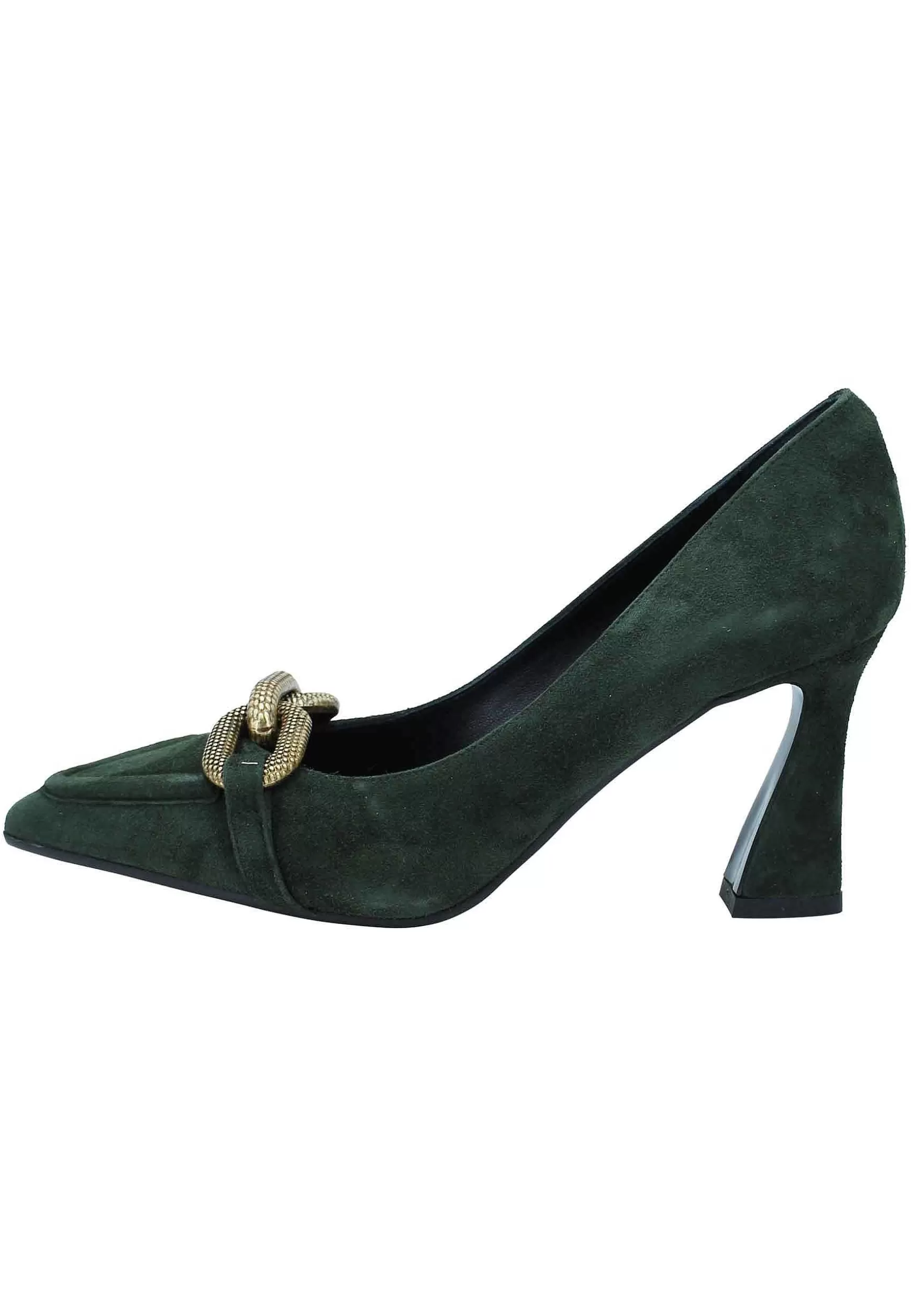 Decollete Donna In Camoscio Verde Tacco Alto Con Catena In Oro Brunito** Outlet