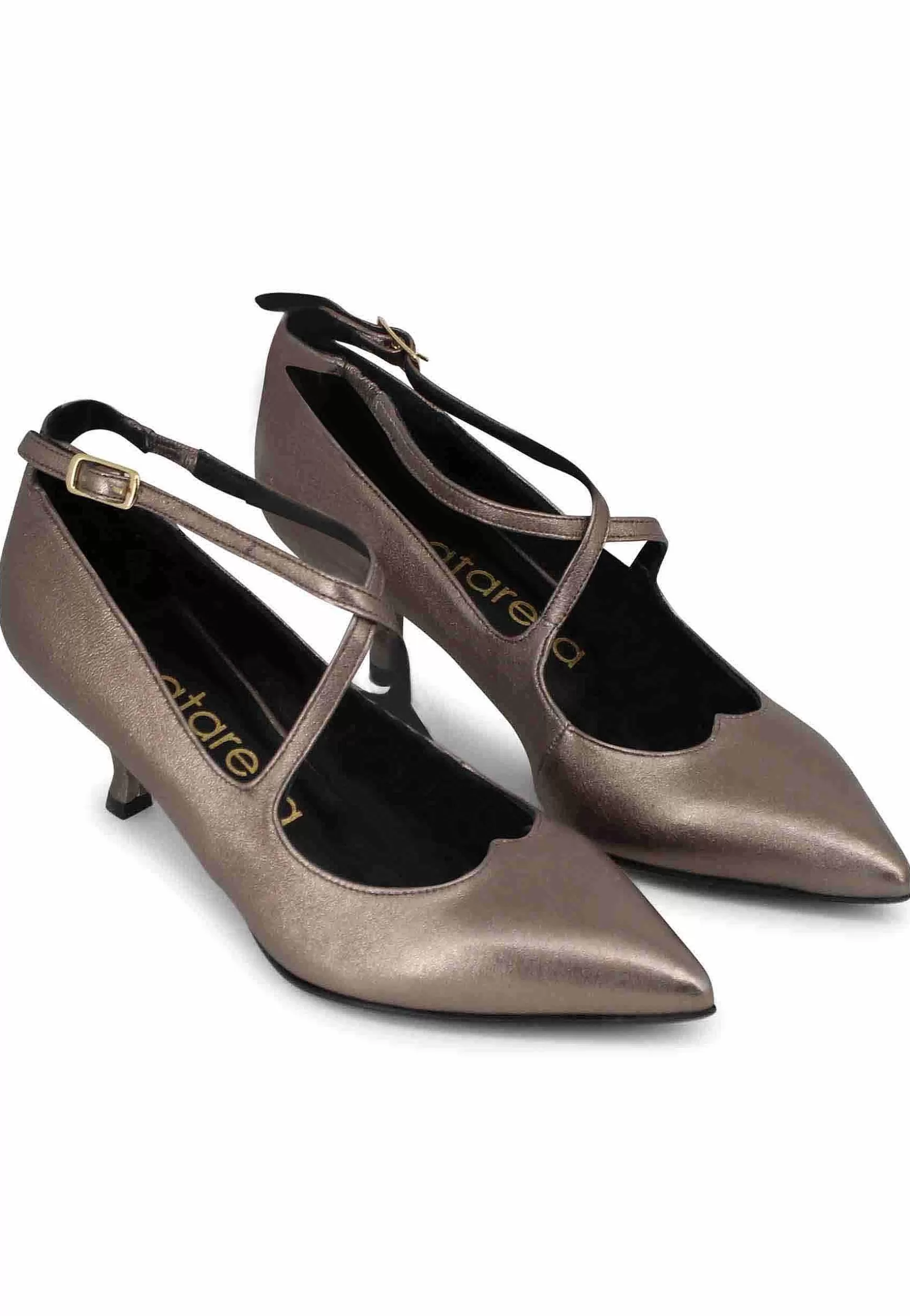Decollete Donna In Pelle Laminata Tortora Con Doppio Cinturino** Store