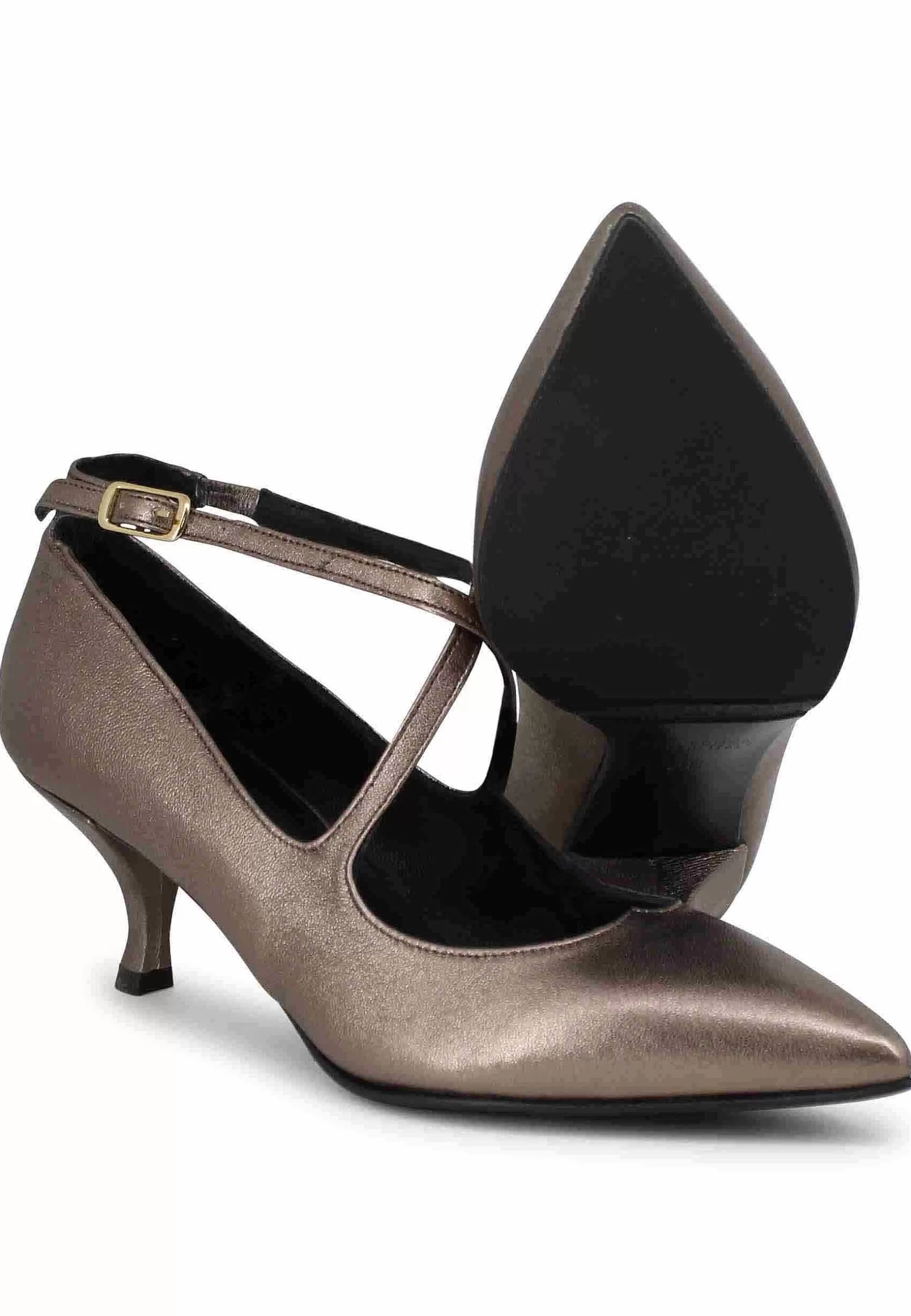Decollete Donna In Pelle Laminata Tortora Con Doppio Cinturino** Store