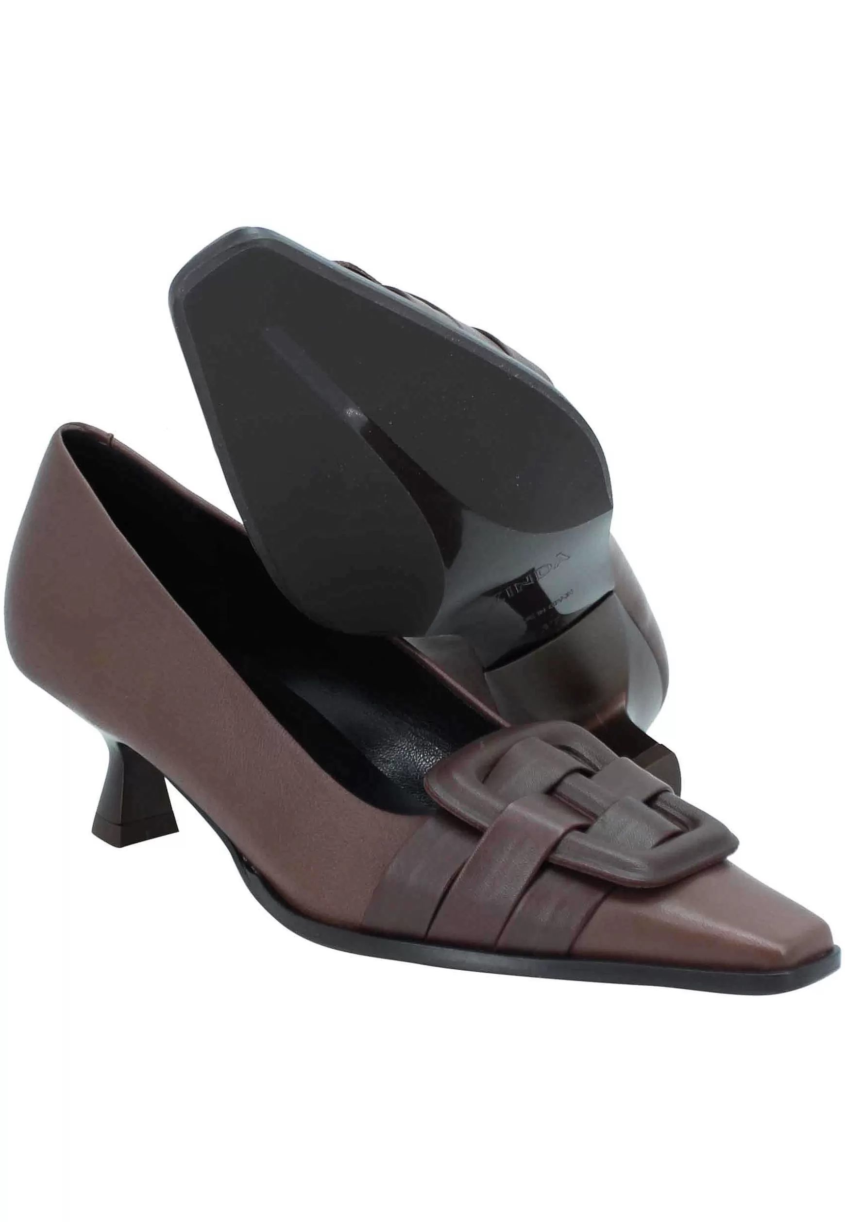 Decollete Donna In Pelle Marrone Tacco Basso Con Accessorio*Zinda Outlet