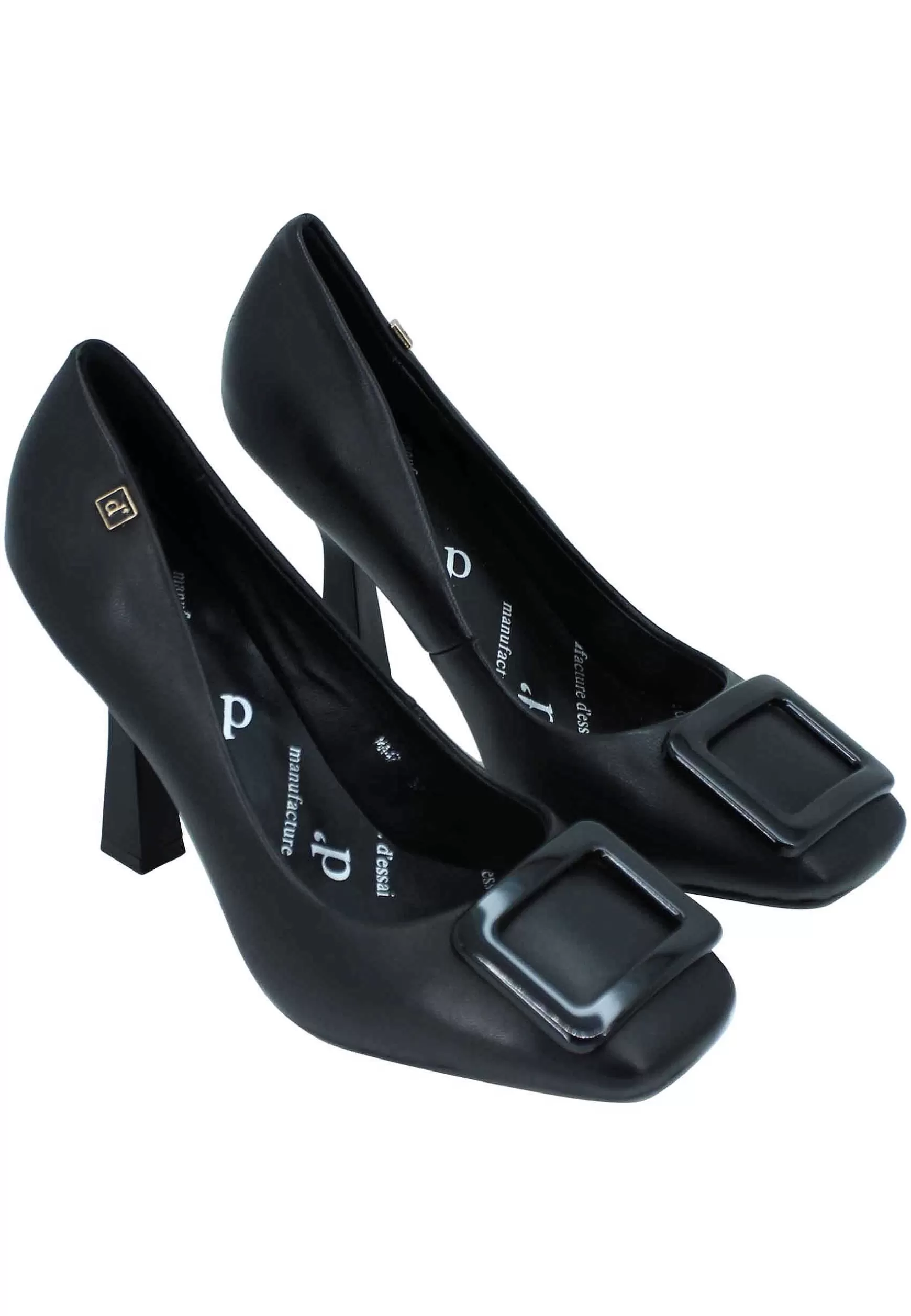 Decollete Donna In Pelle Nera Punta Quadra E Accessorio In Tinta*Manufacture D Clearance