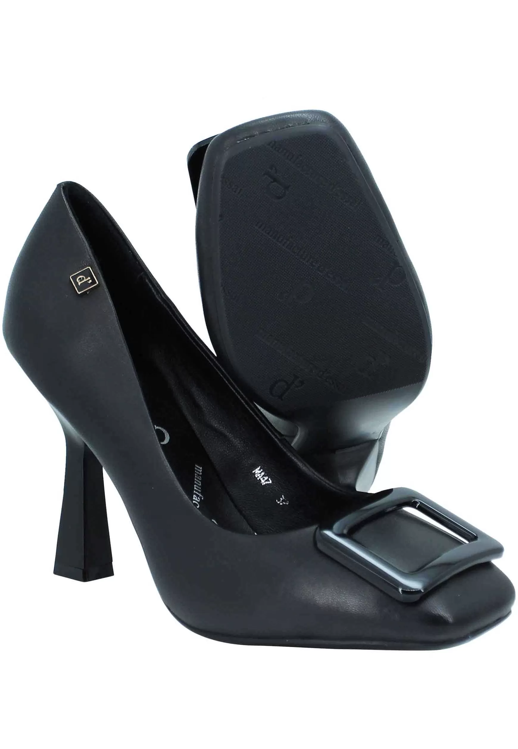 Decollete Donna In Pelle Nera Punta Quadra E Accessorio In Tinta*Manufacture D Clearance