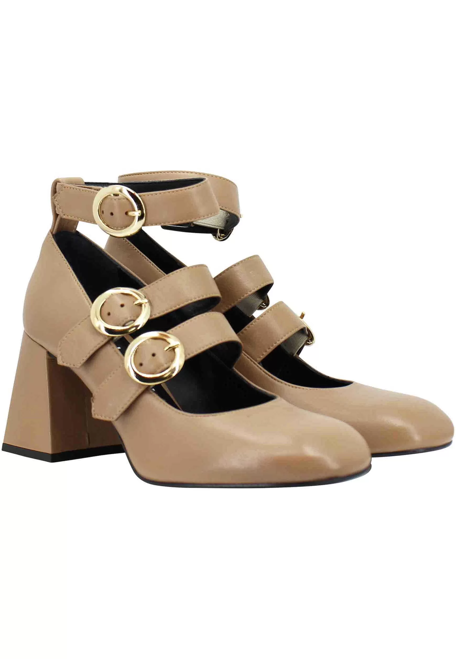Decollete Donna In Pelle Sabbia Con Cinturini Fibbie E Tacco Alto** Store